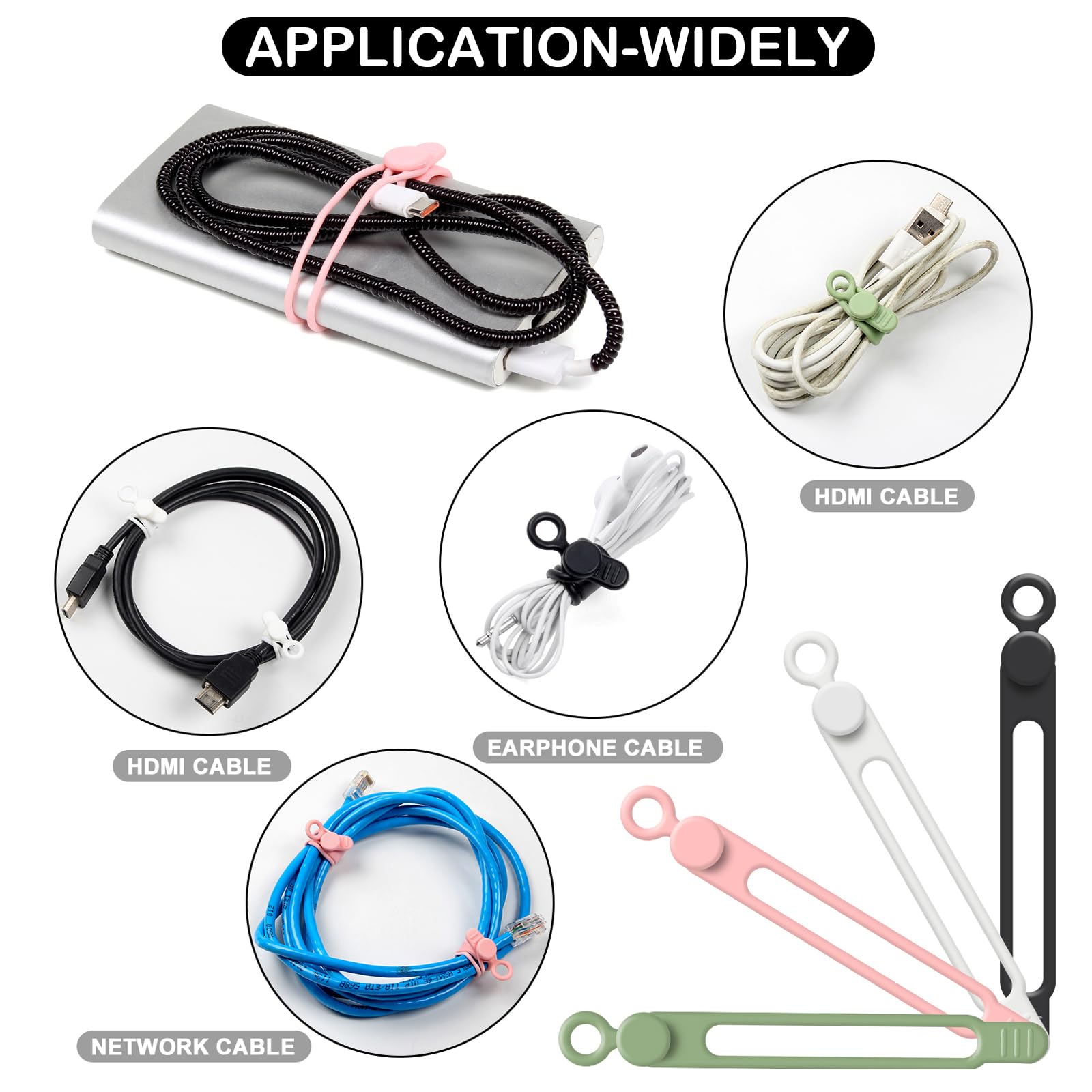 Kit organizador de cables de 48 piezas, bridas elásticas reutilizables de silicona, clips adhesivos fuertes para la gestión de cables, kit de gestión de cables multiusos para agrupar y sujetar varios