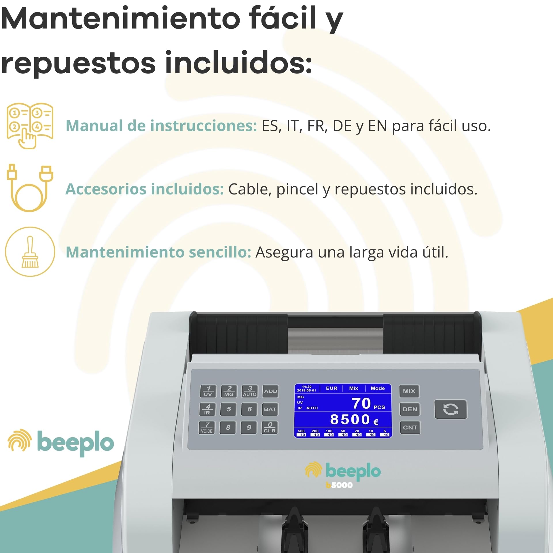 b5000 | Contadora Totalizadora de Billetes EUR | 5 Sistemas de Detección Automática | Precisión Total | Garantía 4 Años