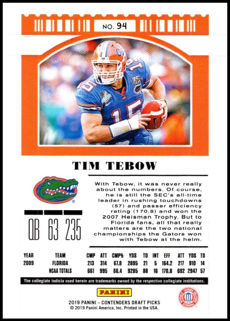 Amazon.com: 2019 Panini Contenders Draft Tickets Season Ticket #94 Tim Tebow  NM-MT Florida Gators Football : Collectibles & Fine Art