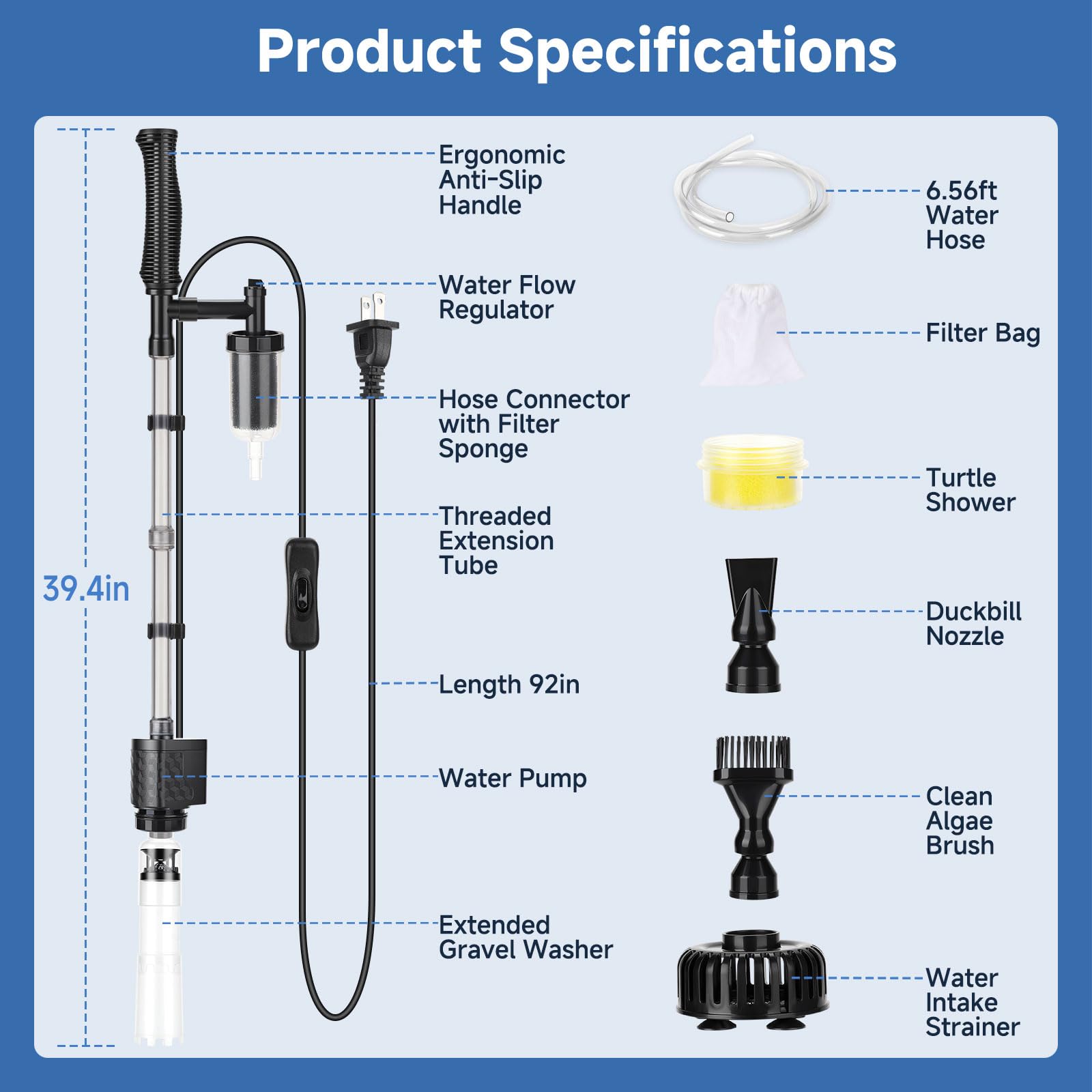 AQQA Limpiador de peceras, 1200 l/h, limpiador eléctrico ajustable de grava, limpiador de arena de 16 W con bolsa de filtro para cambio de agua, lavado de arena y filtración
