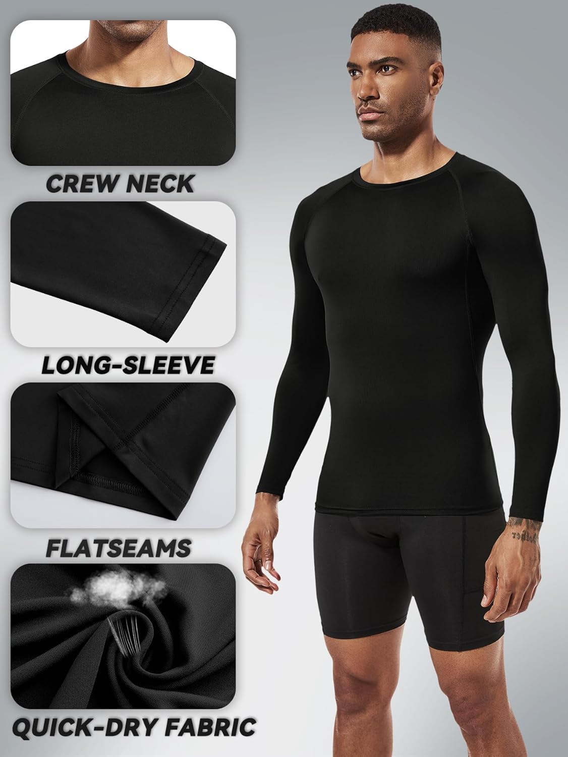 Men's (Pack of 3 or 5) Cool Dry Compression Long Sleeve Sports Baselayer T-Shirts Tops - Image 4