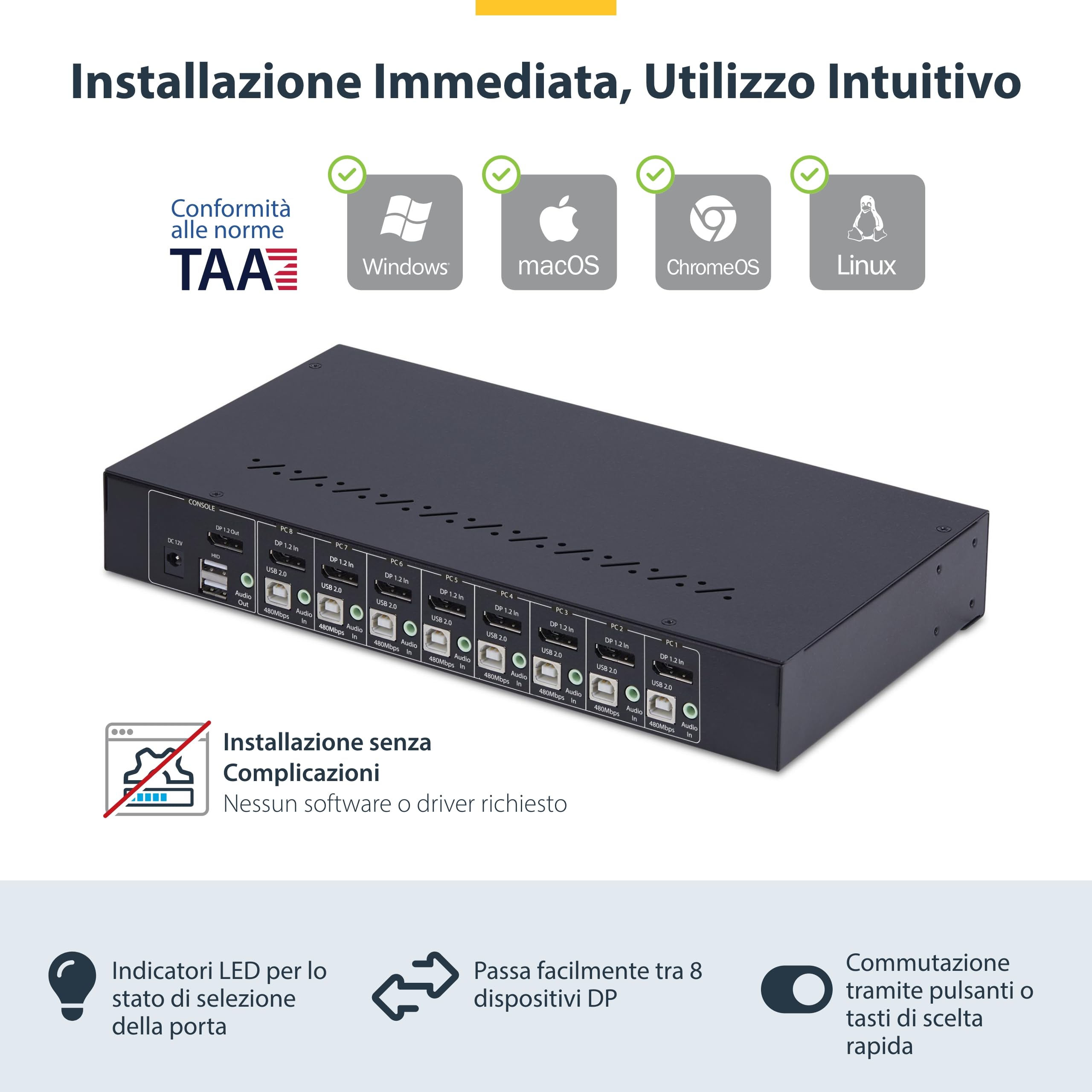 StarTech Switch KVM DisplayPort 8 Porte, 4K 60Hz, DP 1.2, Kit Rack 1U | Risoluzione 4K Ultra HD, DisplayPort 1.2, Ideale per data center e sale server