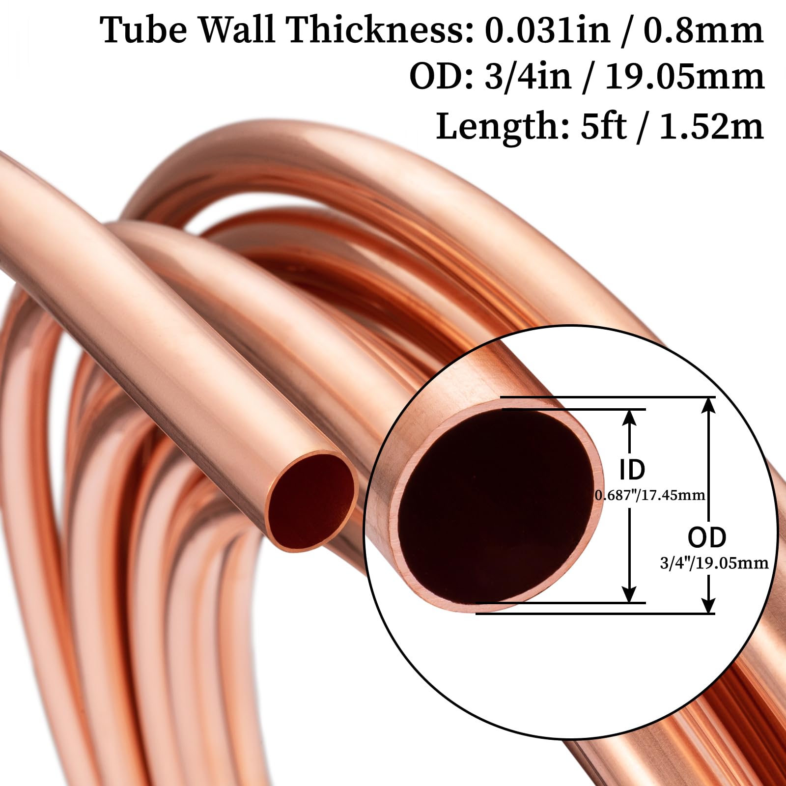 GOORY Tubo de cobre de 3/4 pulgadas de diámetro exterior x 0.67 pulgadas de diámetro interior x 5 pies – 99.9% C12200 Tubo ACR puro – ASTM B280 Refrigeración T2 Tubo de cobre suave – Tubo redondo sin