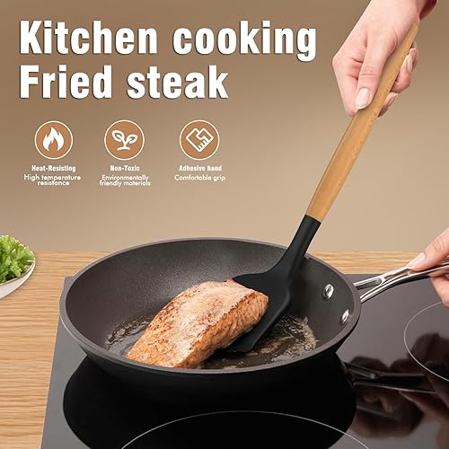 Miniatura 3 de Juego de utensilios de cocina de silicona  Utensilios de cocina de silicona para cocinar asas de madera, 446 F resistentes al calor, juego de