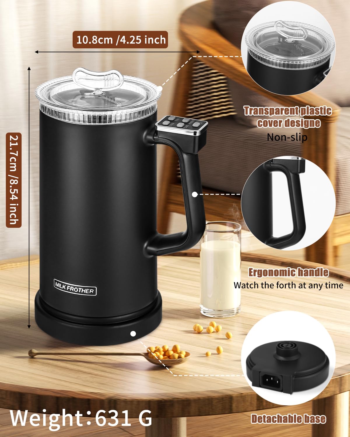 Spieniania Mleka,600ML Spieniacz do Mleka ma Pojemność 4 w 1 Spieniacz do Mleka Spieniacza Można Automatyczne Podgrzej Mleko do Cappuccino, Frappe, Matcha, GorąCej Czekolady, Czarny