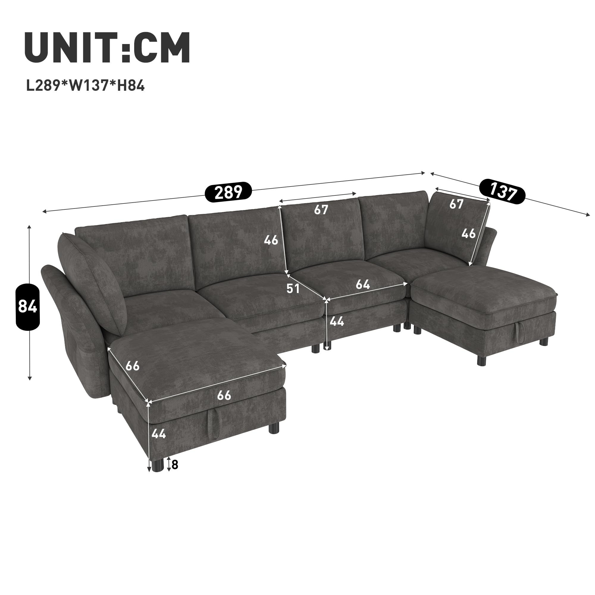 Idemon Sofá esquinero modular en forma de U/L, sofá de 6 plazas con taburete de almacenamiento, diseño de nube, tela de chenilla, adecuado para salón, apartamento y dormitorio, color gris.