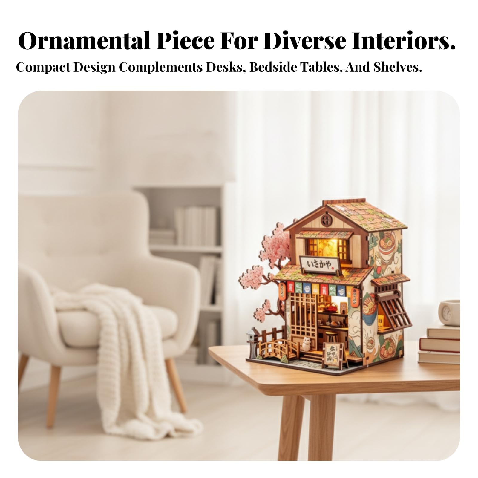 Miniatura Edificio Blocchi Costruzione Kit Modello Casa Vetrina Ornamento Tavolo Illuminazione Calda Legno con Tetto a Strati Finestre a Porta Insegna