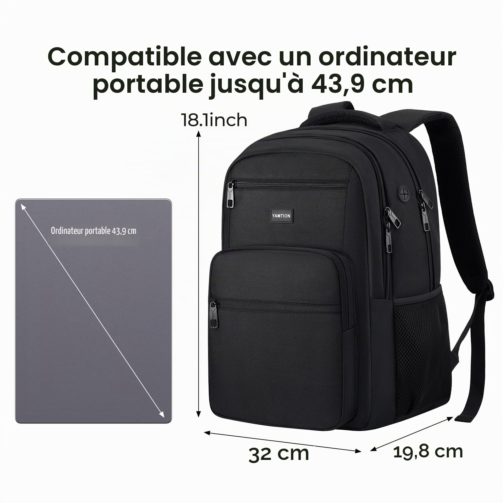 YAMTION Sac à Dos Ordinateur Portable 17.3 Pouces, Sac à Dos Homme, Sac à Dos PC Portable pour Loisir, Scolaire, Affaire