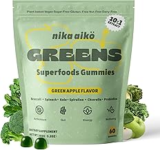 Greens Superfood Gummies, Boost Energy, Gut & Immune Support, Sugar-Free, Vegan with Broccoli, Spinach, Kale, Spirulina, Chlorella, Probiotics & Multivitamin, Apple Flavor, 60 Count