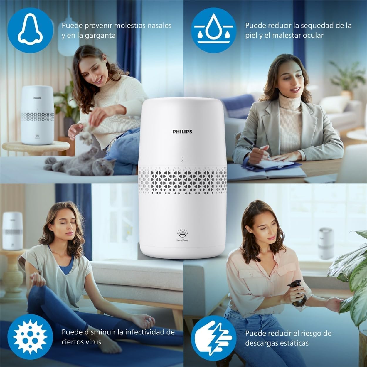 Philips Serie 2000 Humidificador de aire NanoCloud Depósito 2L 31㎡ Modo Silencioso Blanco HU2510/10