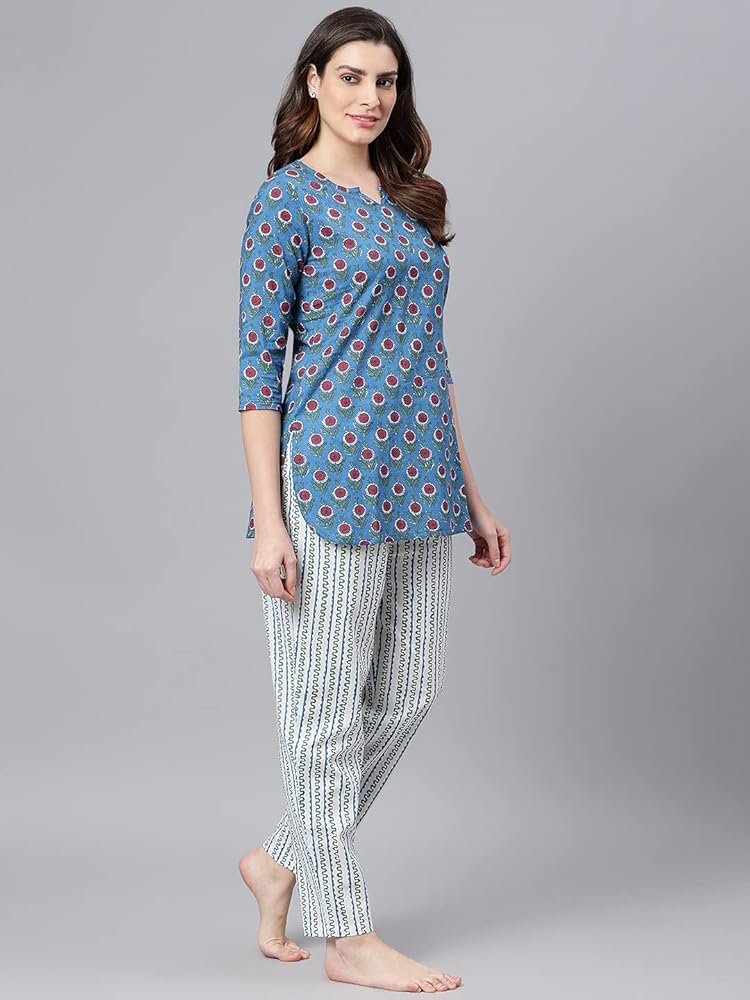Idalia Blue and White Cotton Night Suit Set for Women