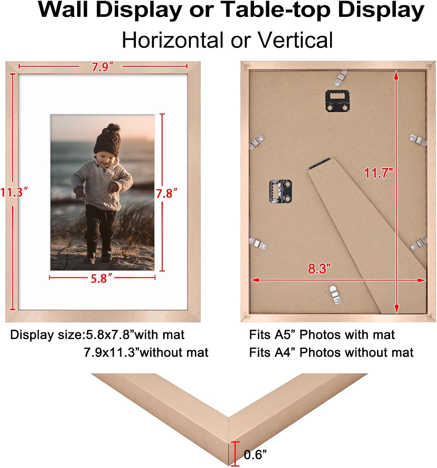 KINLINK A4 Frame Set of 4, Wooden 8.3 x 11.7 Frame with Plexiglass for A5 Picture with Mat or A4 Without Mat, for Wall and Tabletop Display Diploma Certificate Degree, a4 Picture Frames Rose Gold