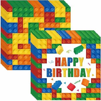 Pack of 20 Colourful Building Blocks Napkins 33 x 33 cm Building Block Birthday Decoration Paper Napkins Building Blocks Decoration Birthday Napkins Children's Birthday Building Block Table Decoration Building Blocks Theme Party Napkins