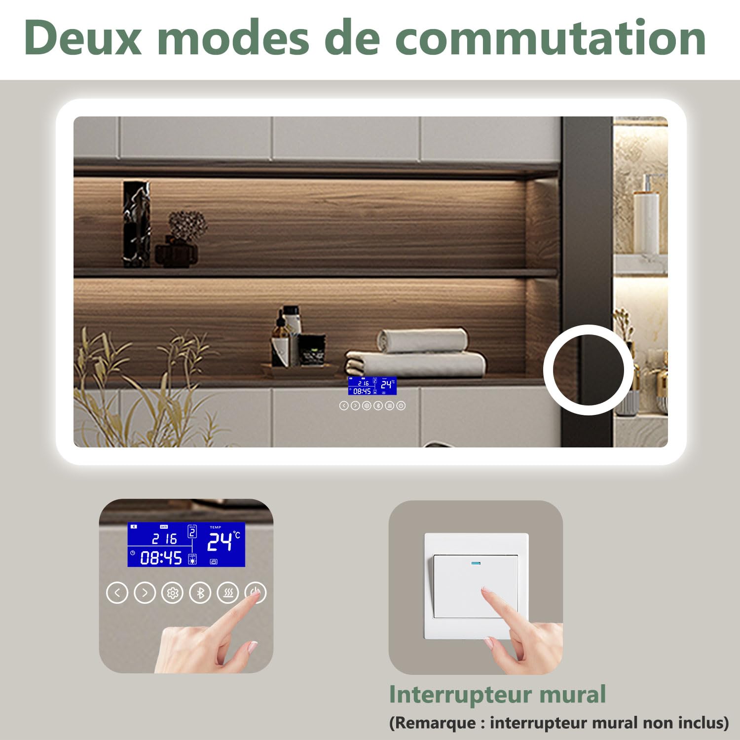 AICA Miroir Salle de Bain 120 x 70cm, Bluetooth + 3 Couleurs + dimmable + grossissant + Horloge + Anti-buée + mémoire, Miroir Lumineux