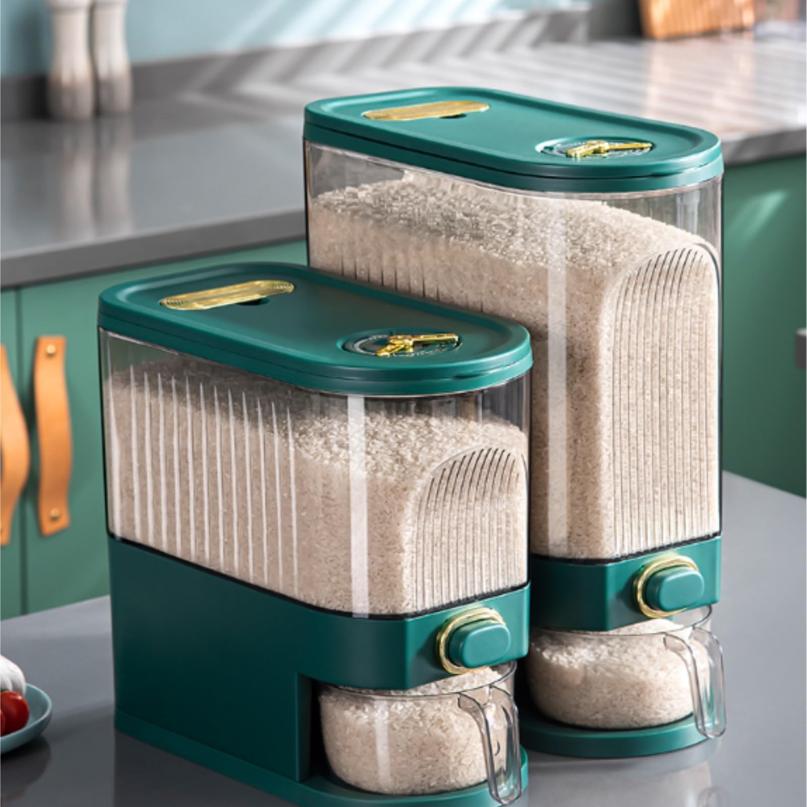 Domestici Dispenser Per Cereali Distributore di riso Contenitore per cereali Secchio per la conservazione del cibo secco con misurino Contenitori Cucina Ermetici(White,30cm)