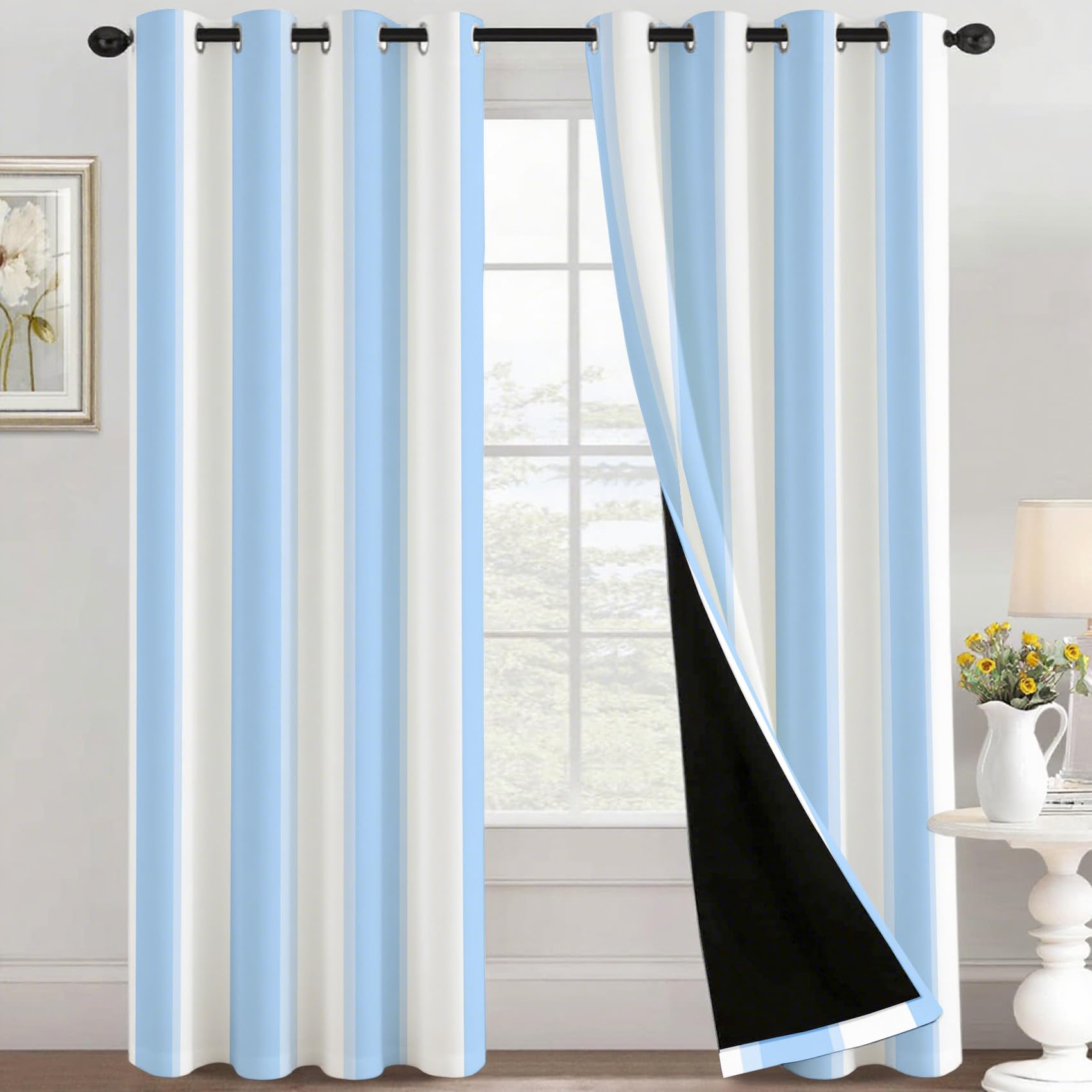 Générique Rideau Occultant Rayures Bleu et Blanc, 75 x 166 (LxH) 2 Pieces, Opaque 95%, Motif Géométrique, Rideaux Fenetre Thermiques à Oeillets, Decoration Maison Salon Chambre AT38