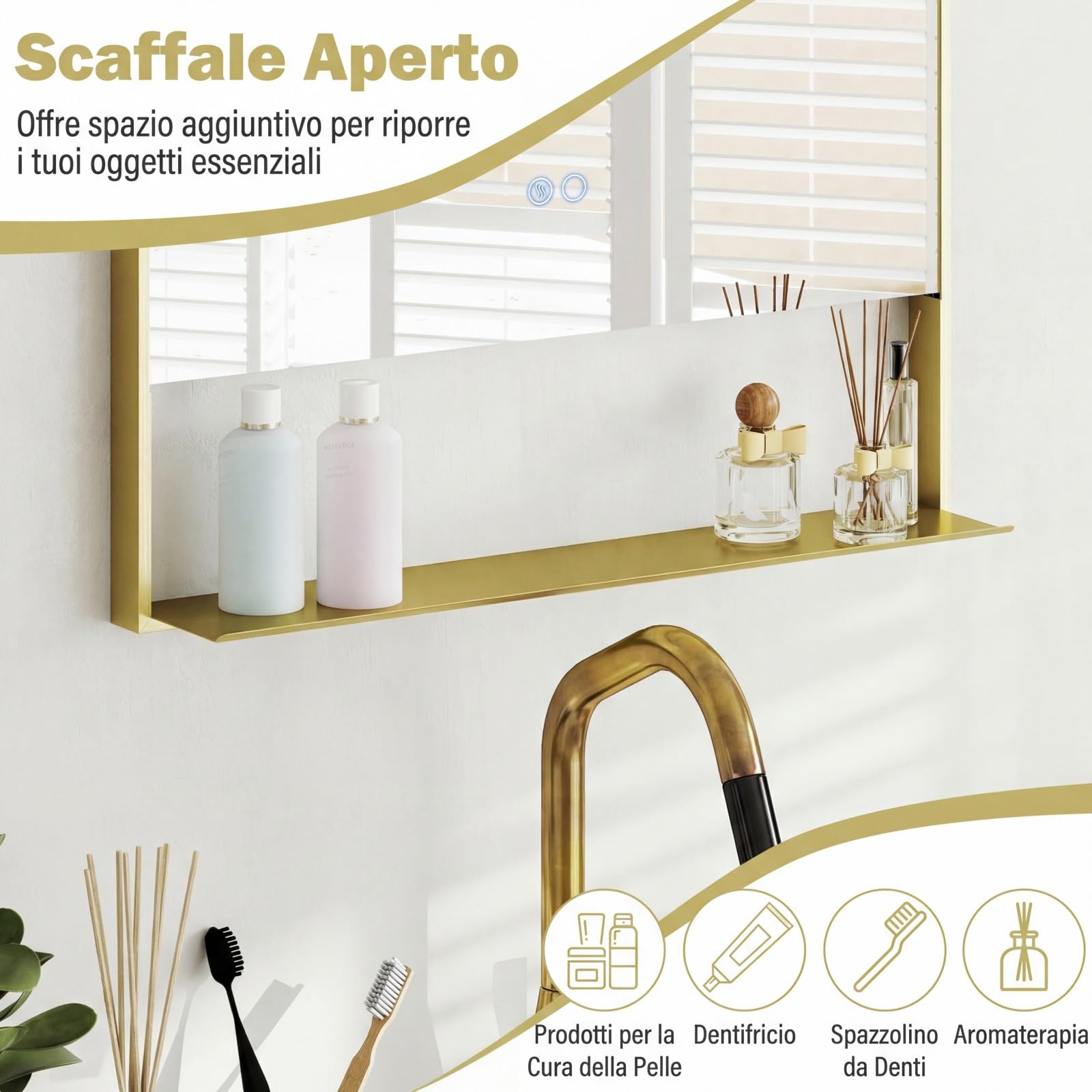 COSTWAY Specchio da Bagno LED 80x60 cm con Mensola e Cornice in Alluminio | Specchio da Trucco LED con Funzione Antiappannamento, 3 Colori di Luce e Luminosità Regolabile