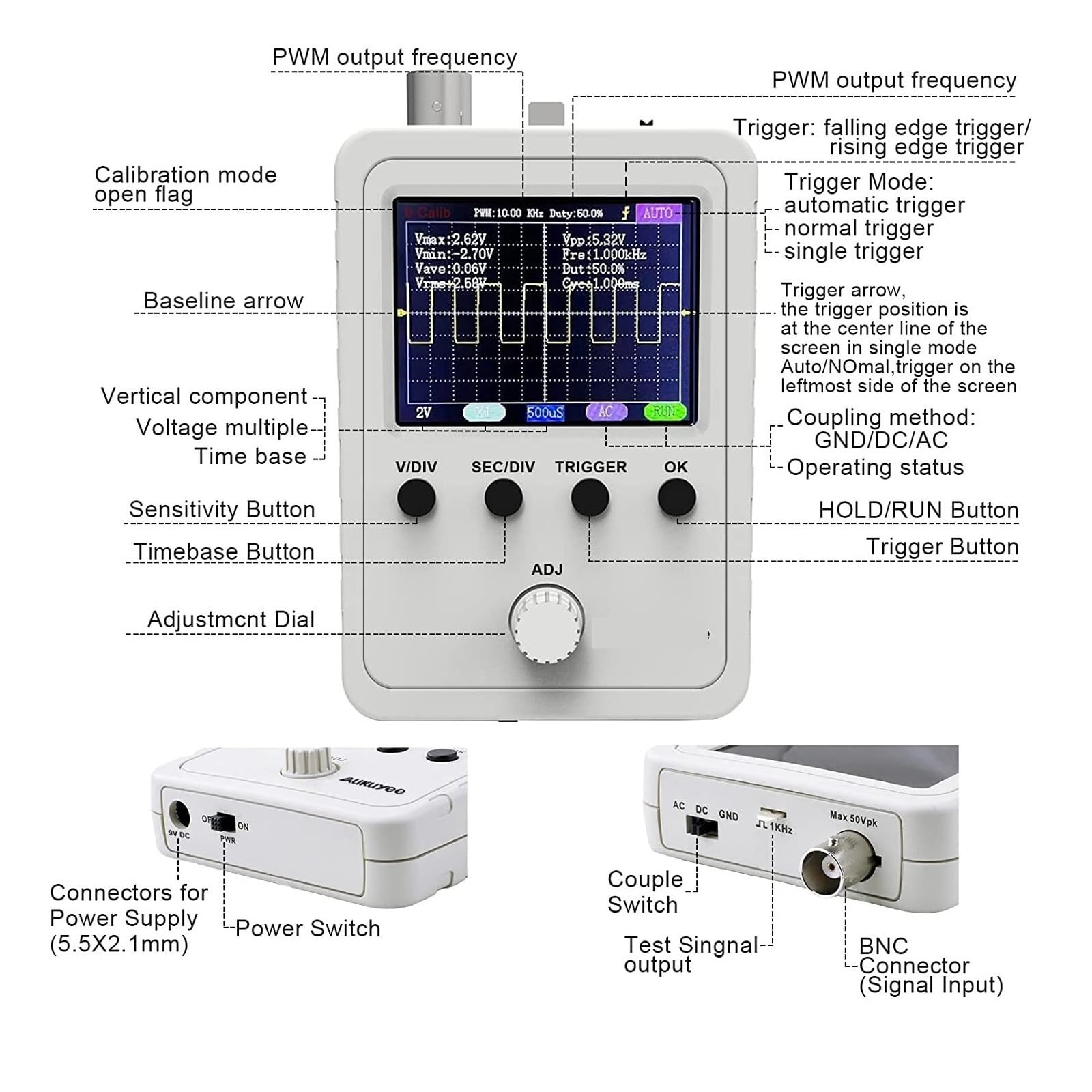 Osciloscopio, Kit de osciloscopio digital 2,4", ancho banda 200 KHz con fuente alimentación y sonda cable BNC