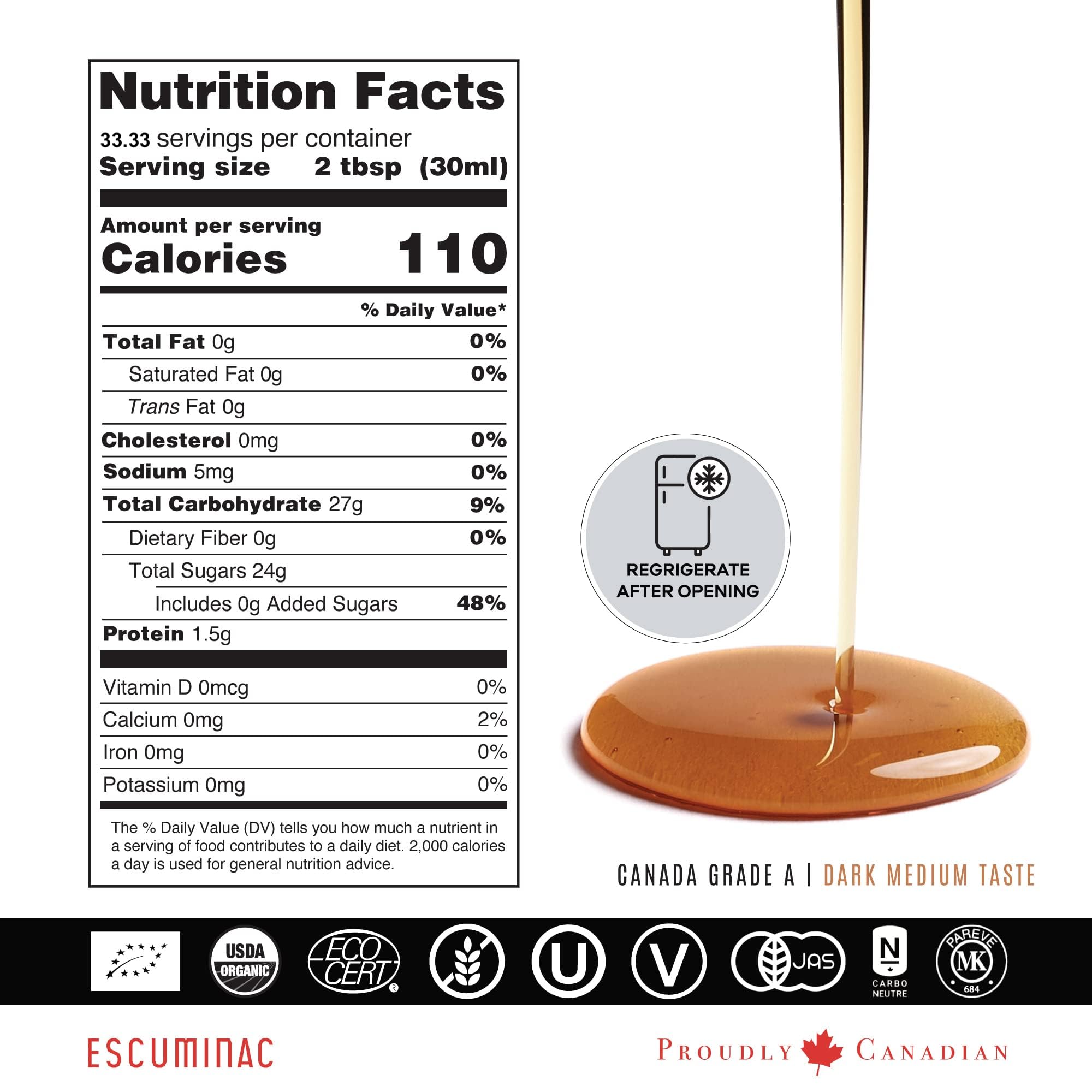 Sirop d'érable du Canada Certifié Biologique, Escuminac Grande Récolte, Cruchon 1 litre, Foncé Goût Riche 100% Pur – Traçable, et embouteillé à la ferme – Parfait pour Crêpes & Recettes