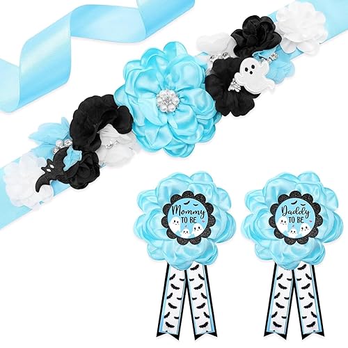 Vansolinne Decoraciones azules de Halloween para baby shower, juego de pines de ramillete para mamá de Halloween para papá, cinturón de vientre de