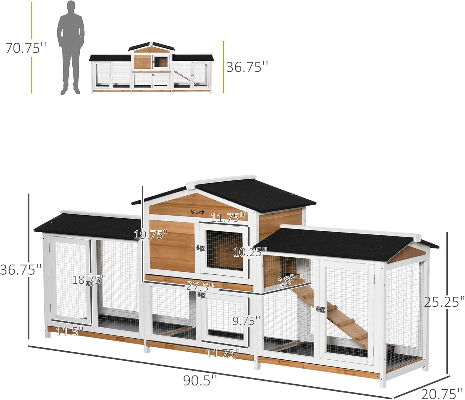 PawHut 90.5" Wooden Rabbit Hutch Bunny Cage Pet Playpen House Enclosure with Double Side Run Boxes, No Leak Tray, Ramp, for Rabbits, Chickens, Ducks, Guinea Pig and Small Animals, White