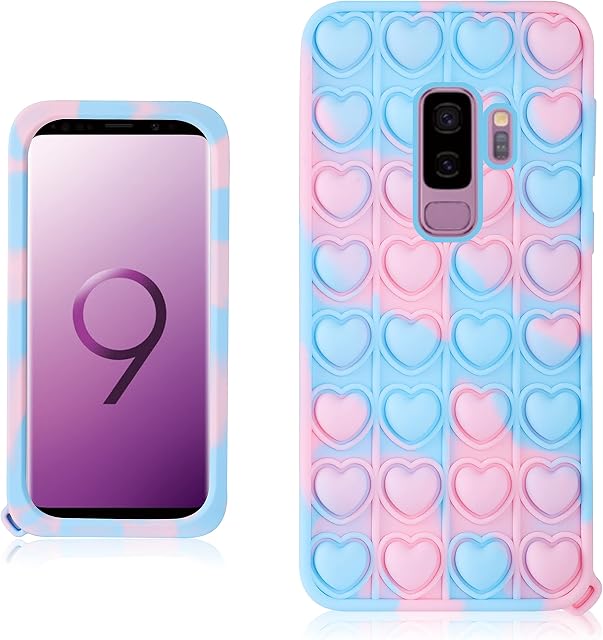 Qerrassa Blue Heart Classic Silicone Case for Samsung Galaxy S9 Plus S9+,Cute Fidget Cartoon Cover Kids Girls Fun Soft Cases Funny Design Stylish Kawaii Unique for Samsung Galaxy S9 Plus S9+