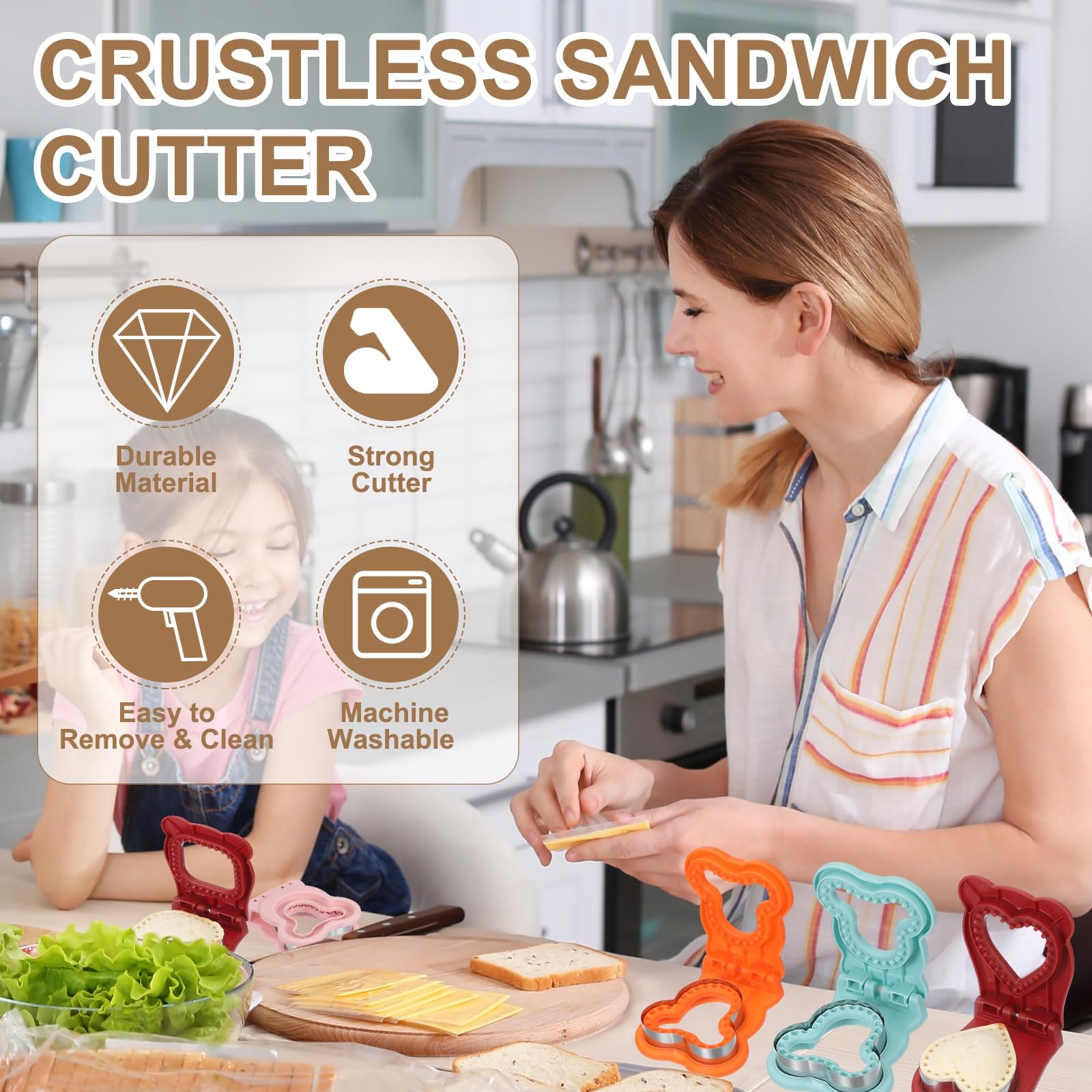 uxcell Lot de 2 emporte-pièces sans croûte, en forme de fleur/cœur - Incrustables - Pour pain, biscuits - Pour le petit déjeuner, le déjeuner et le thé de l'après-midi (rose rouge/vert)