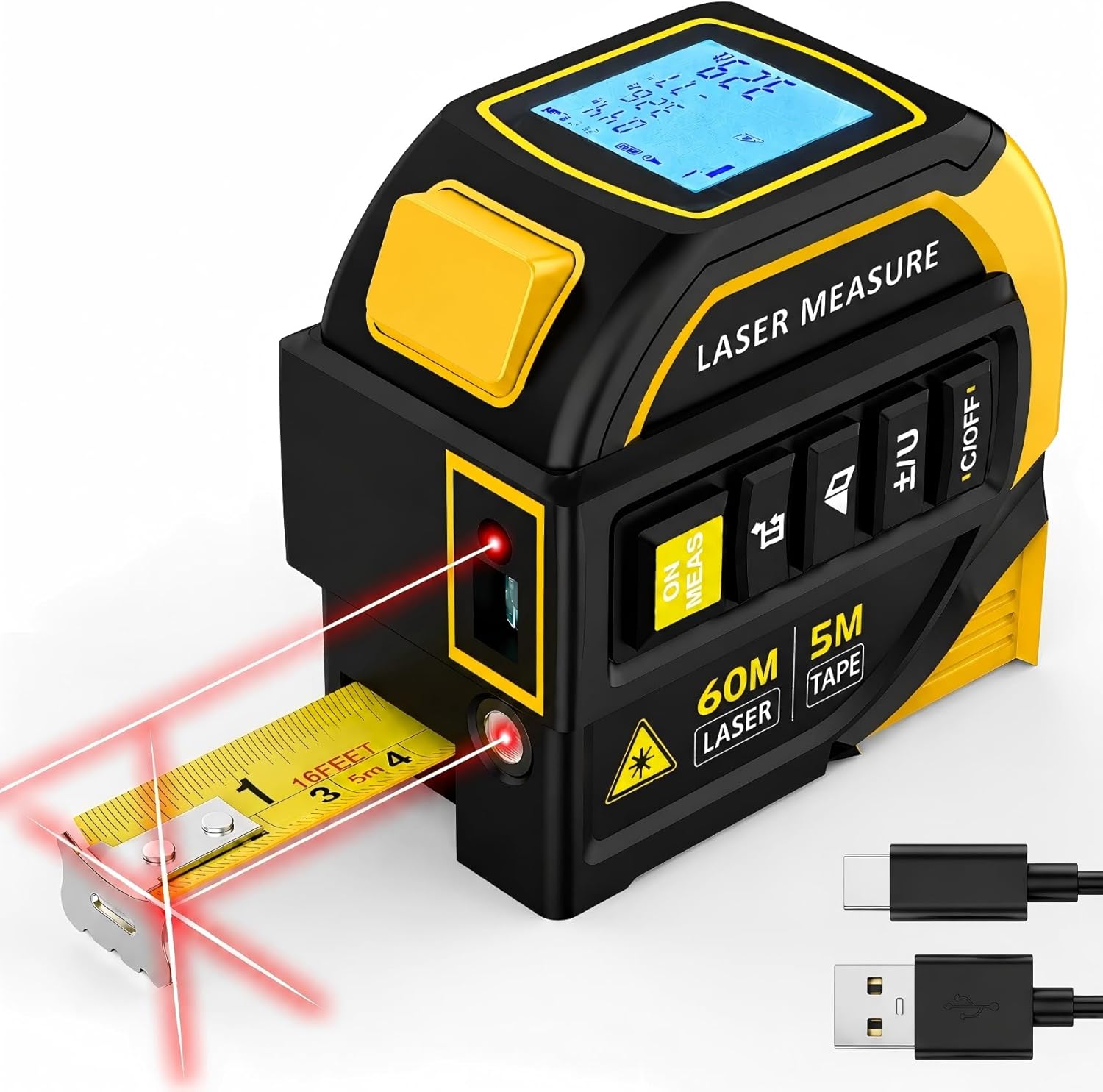 TEPU Laser Tape Measure 4-in-1, 197FT Laser Distance Meter with 16FT Auto-Lock Tape, Cross-Line Laser Level, Dual-Axis Angle, Backlit LCD, Distance/Area/Volume, Pythagorean Theorem & Angle Measurement
