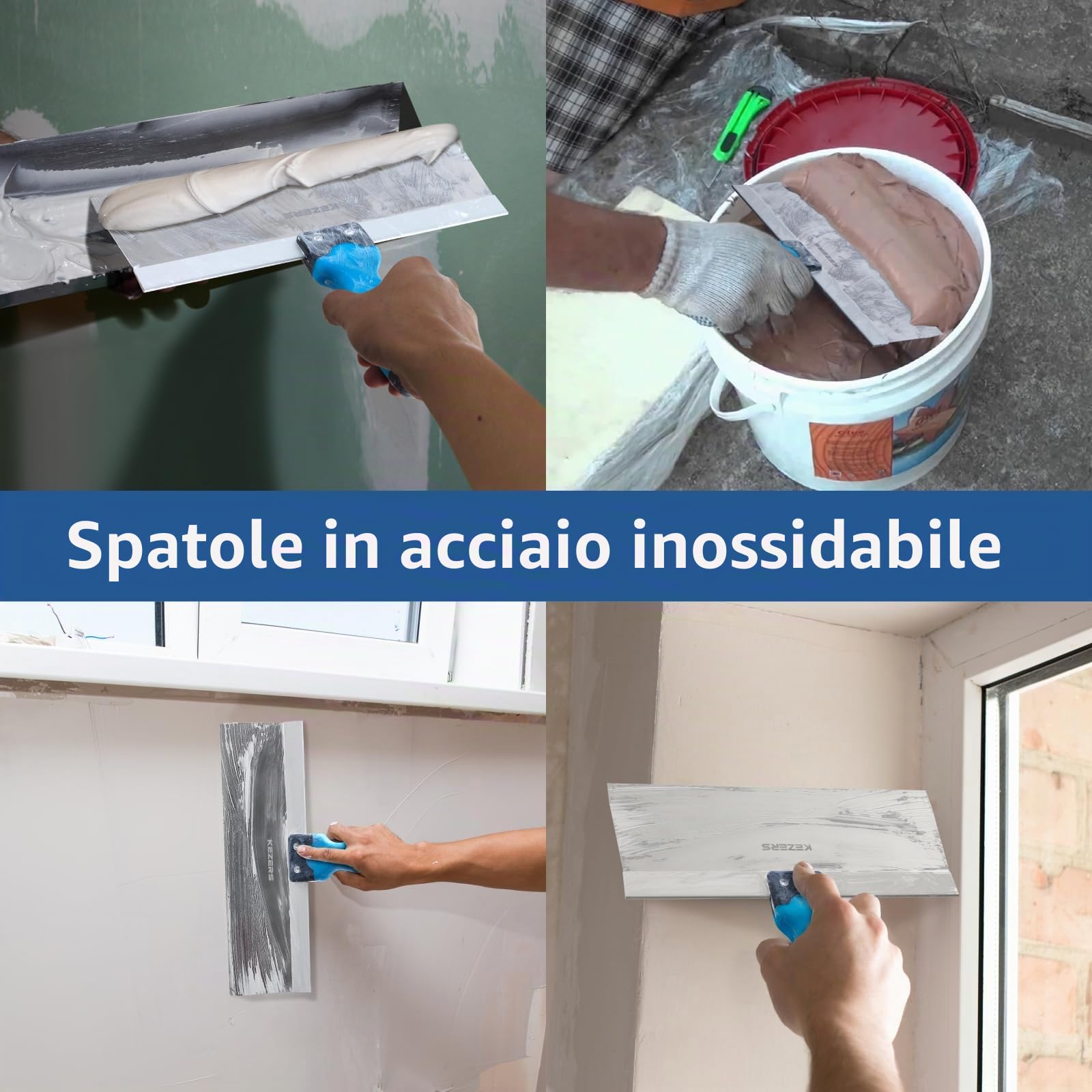 KEZERS Kit di strumenti manuali per cartongesso, 5 pezzi 10,2 cm 15,2 cm 20,3 cm 25,4 cm 30,5 cm Coltello per cartongesso in acciaio inossidabile con estremità martello in metallo, include spatola per