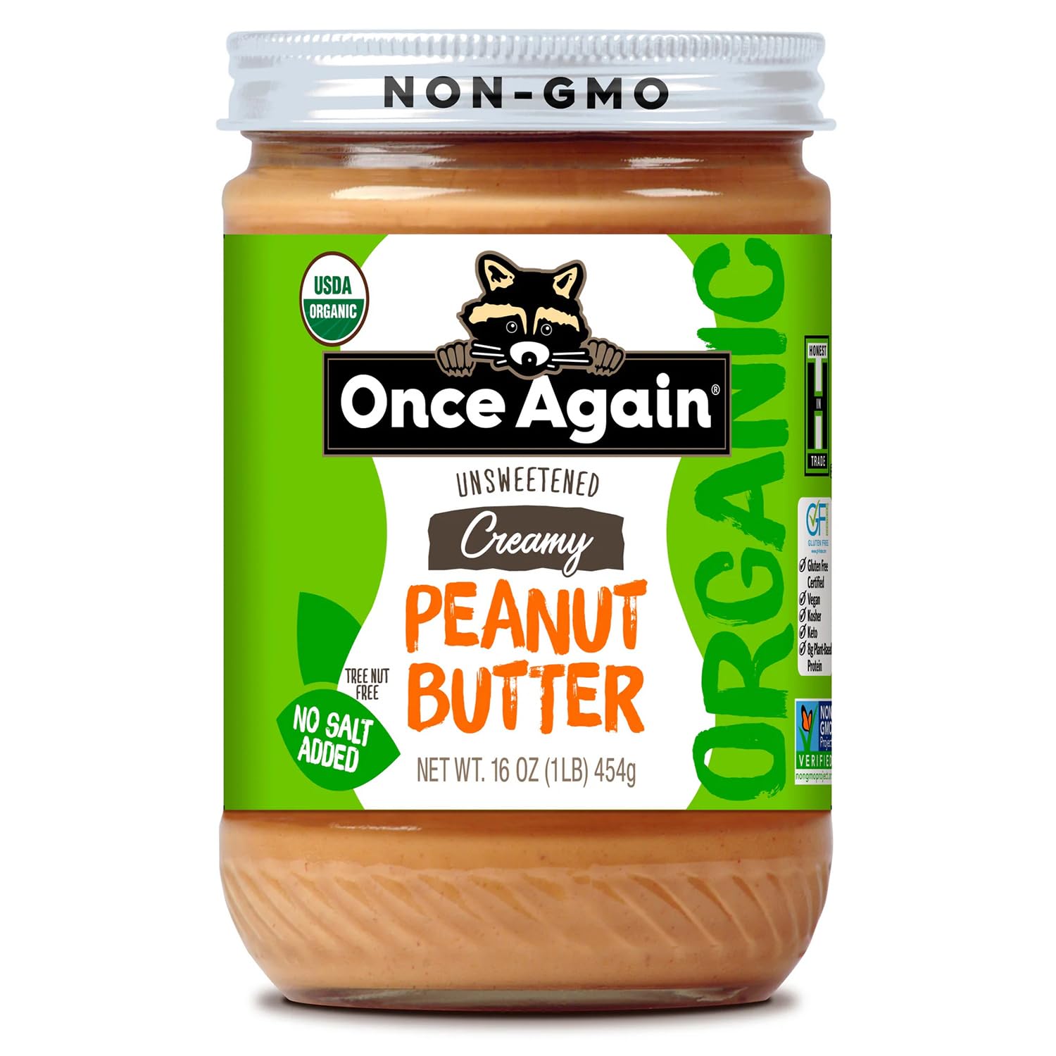 Once Again Organic Creamy Peanut Butter No Sugar Added - Single Ingredient, Unsalted, Natural Peanut Butter No Palm Oil - Glass Jar, Non-GMO, Gluten Free - Smooth and Unsweetened - 1 Jar (16 oz)USDA Organic