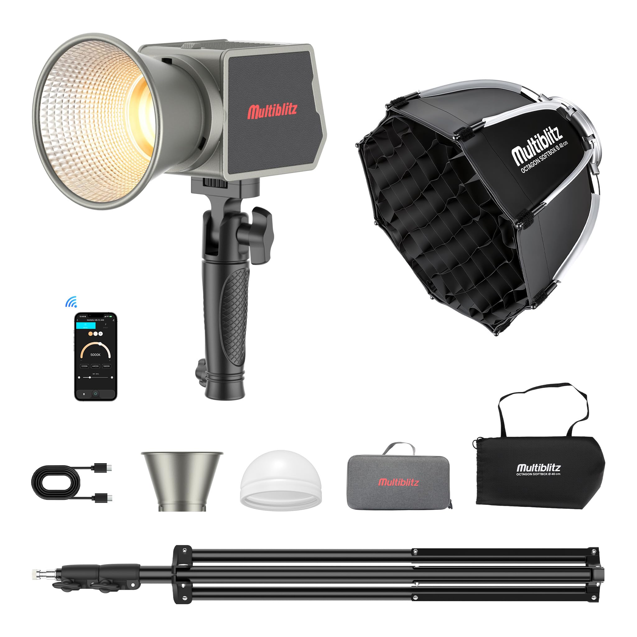 Multiblitz Zestaw z lampą LED MB-PL 60B, statywem oświetleniowym FT-8051 i oktagonalnym softboxem Ø 40 cm