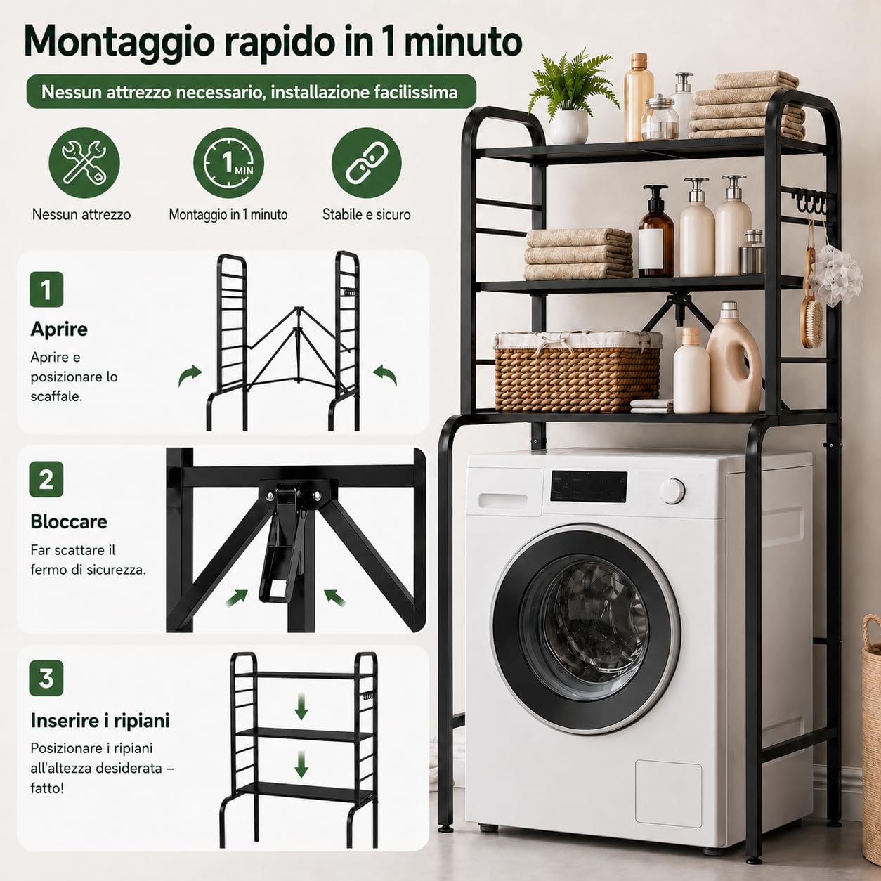 Scaffale Sopra Lavatrice in Metallo a 3 Ripiani, Mobiletto per Lavatrice con 8 Ganci, Ripiano Sopra Lavatrice Regolabile in Altezza, Organizer Stabile per Bagno WC Lavanderia, 66x155x49 cm