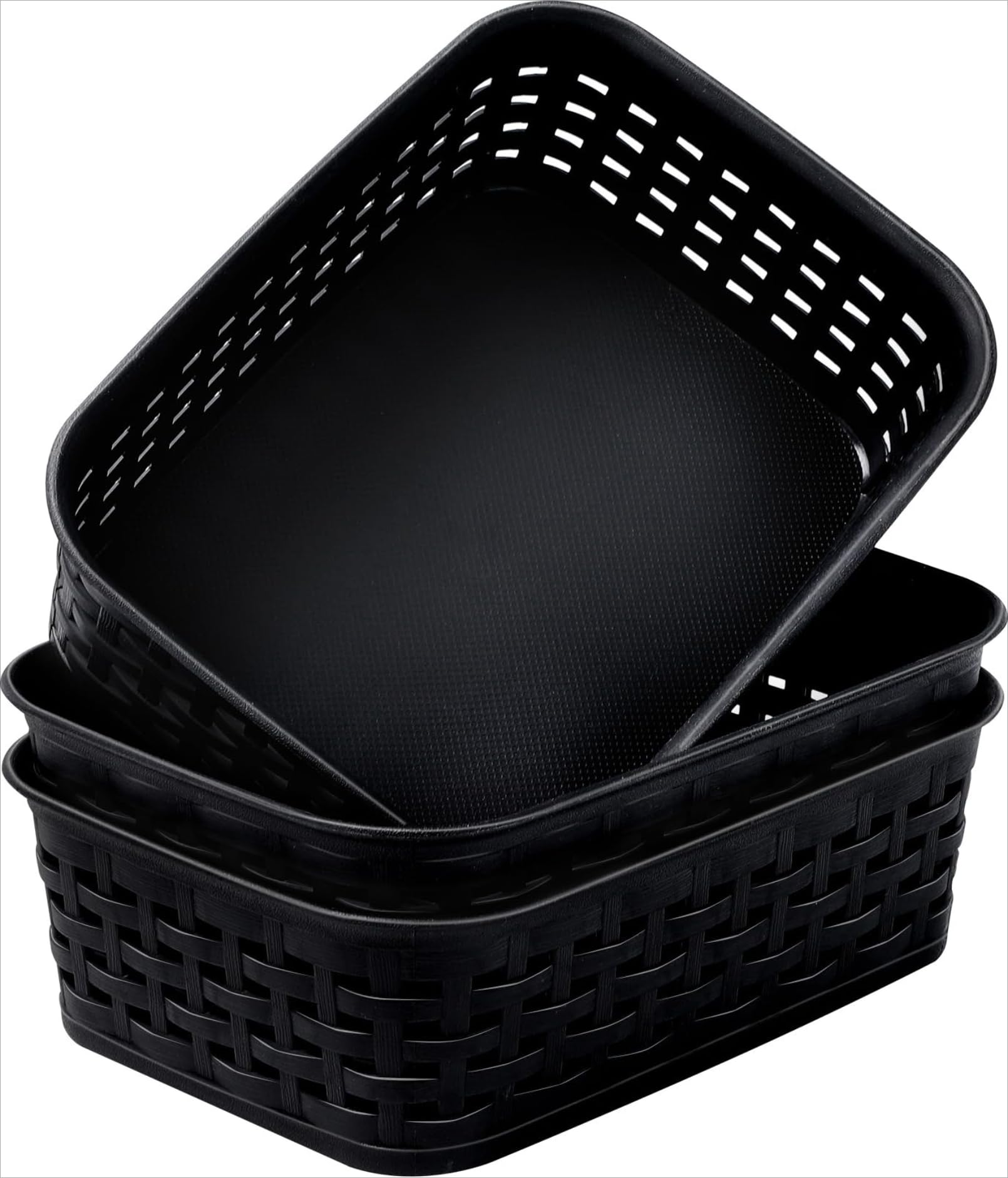 Spymero Plastic Storage Baskets 3 Pack Black Rectangular Bins