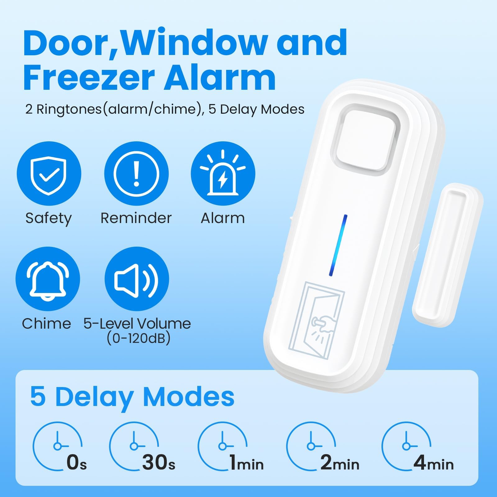 SanJie - Alarma de puerta con alertas instantáneas y retardadas de 30 s/1 min/2 min/4 min, alarma de ventana de puerta para seguridad de los niños/seguridad del hogar, volumen de 0-120 dB, alerta