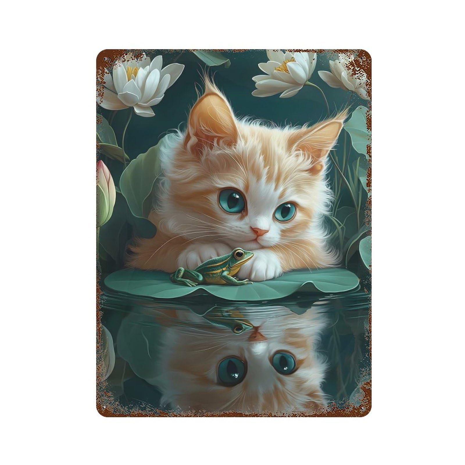 Kitten And Frog on Lily Pad Cornish Rex Cat 15.7"x11.8" Rustic Tin Plaque, Novelty Wall Decor for Living Room, Hallway And Home Decor