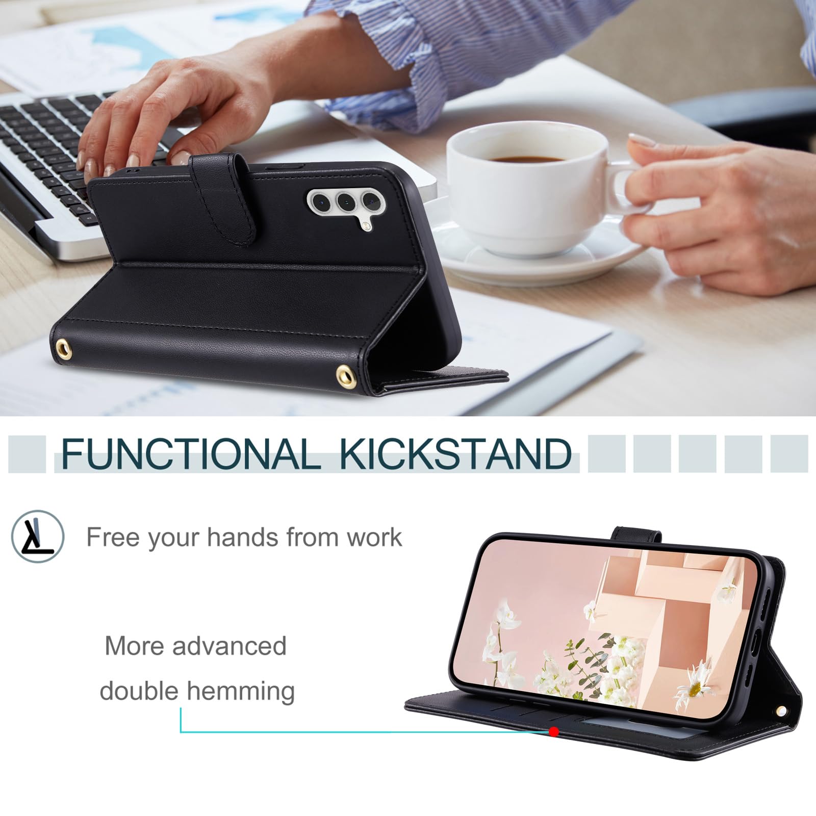 Furiet Wallet Case for Samsung Galaxy A35 5G with Wrist Strap, Shoulder Strap, Multiple Card Slots Folio Purse, Luxury PU Leather Stand Accessories Cell Phone Cover for A 35 35A A355G Women Men Black