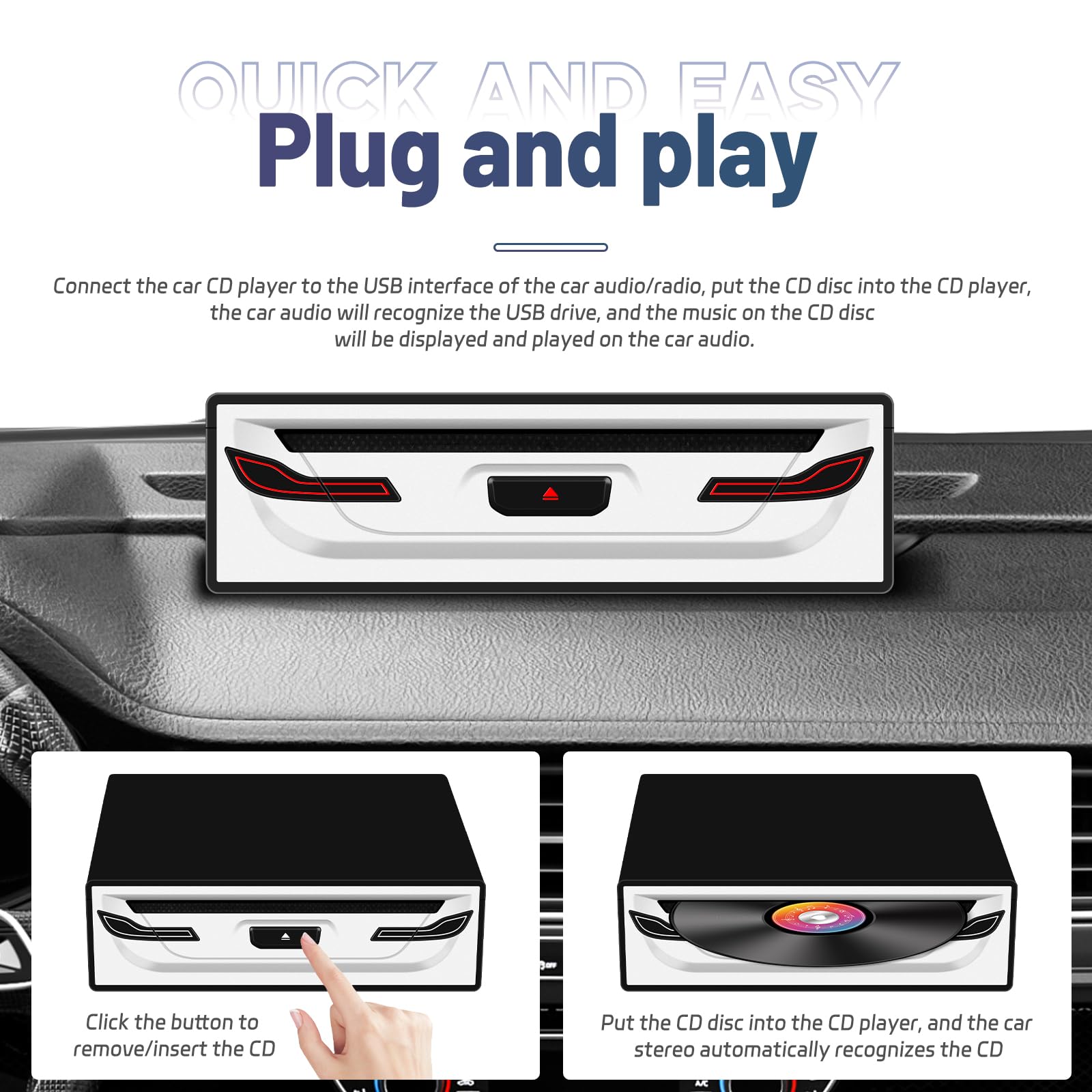 Rimoody Lecteur CD/DVD pour Auto - Plug & Play Haute Performance avec Anti-Choc, USB 2.0, Support WAV/VOB, Compact pour Voiture, Camping-Car