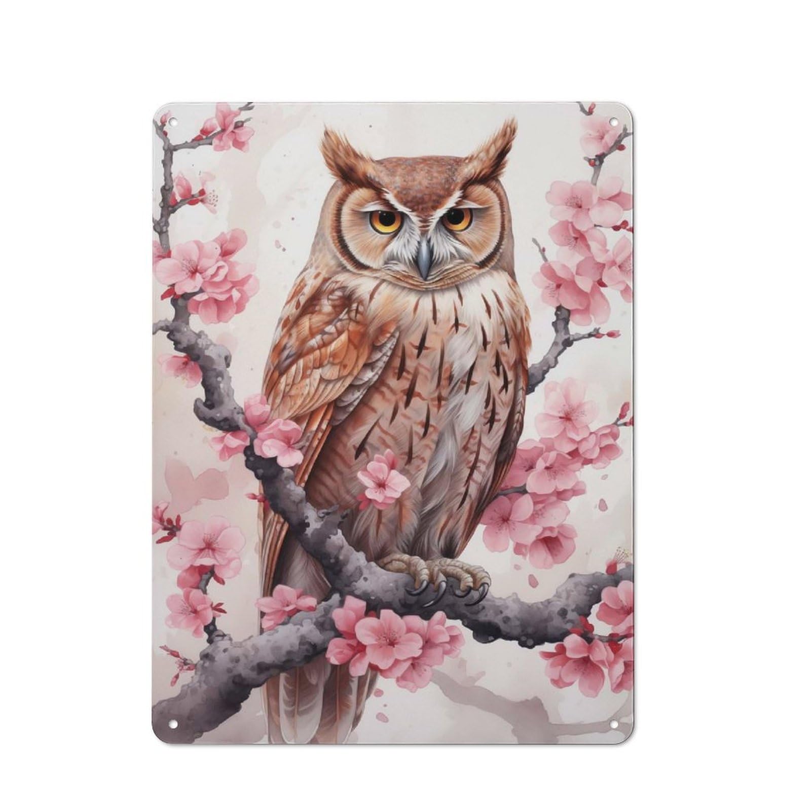 Tin Wall Plaque 40x30cm with Cherry Blossom Owl Bird for Hallway Wall, Suited to Wall Displays in Hallways And Entrance Areas