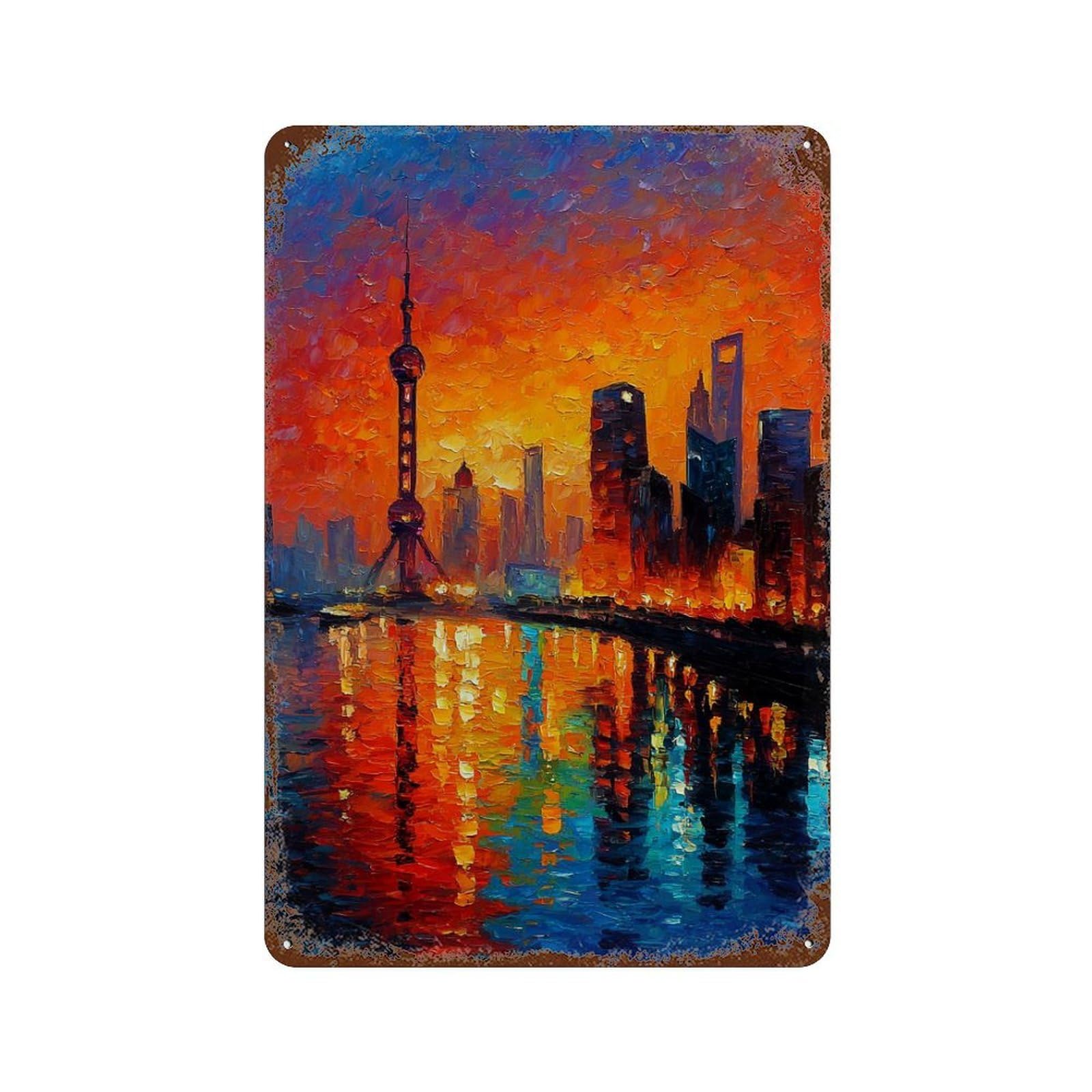 Cityscape Sunset Reflections -1 Retro Metal Sign 11.8"x7.9", Classic Wall Plaque for Garage, Pub Or Kitchen