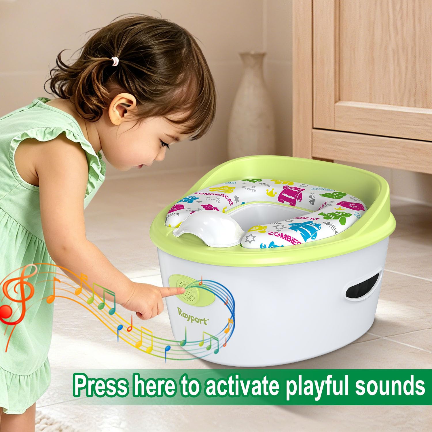 Orinal de entrenamiento musical 3 en 1 para niños pequeños con asiento acolchado, verde y blanco, maceta interior extraíble