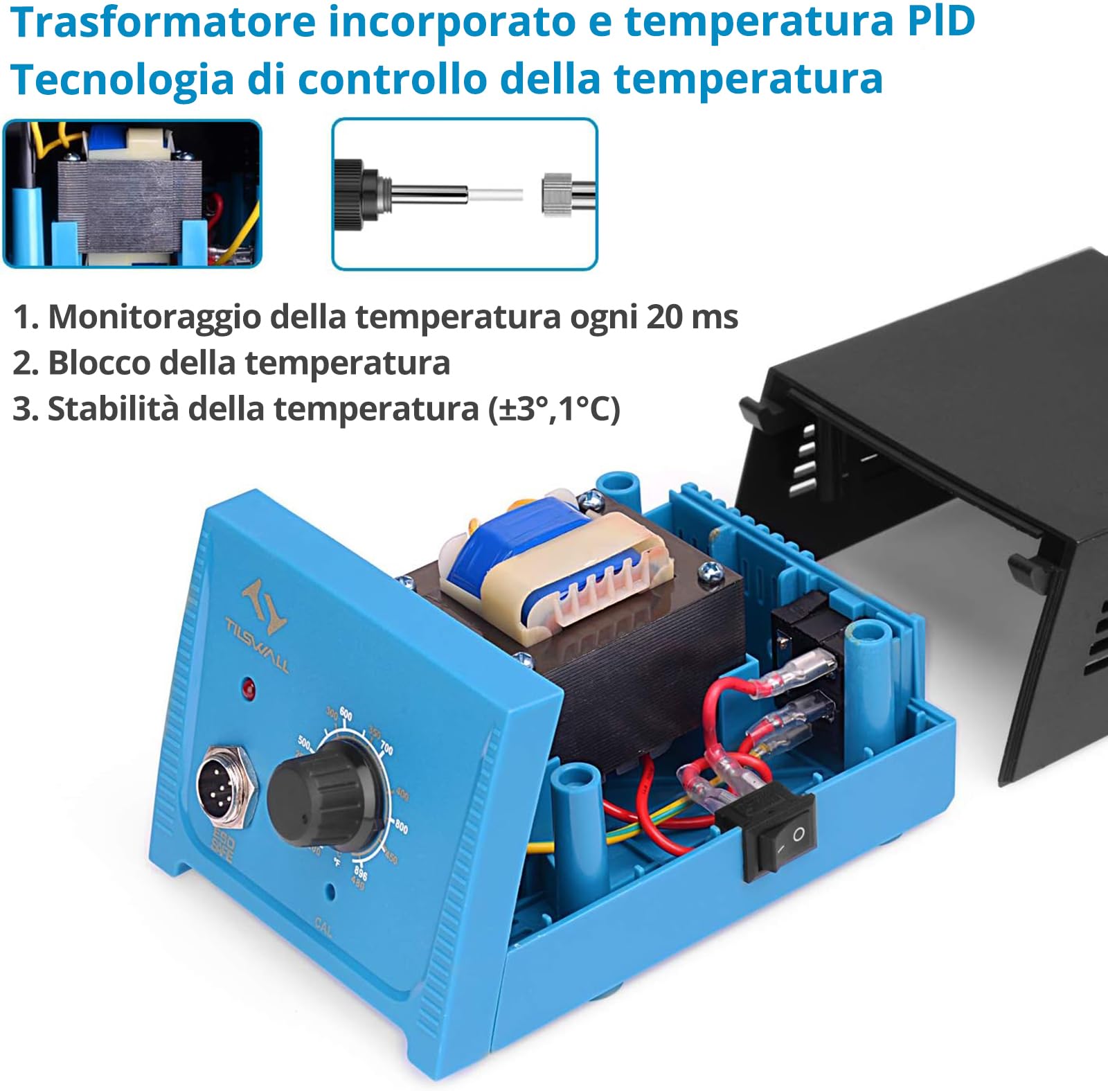 Tilswall Stazione Saldante 65W, Saldatore a Stagno Professionale con Controllo Intelligente della temperatura 200℃-480℃, Kit Saldatura Stagno con 5 Punte per Elettronica per Hobby, Principianti