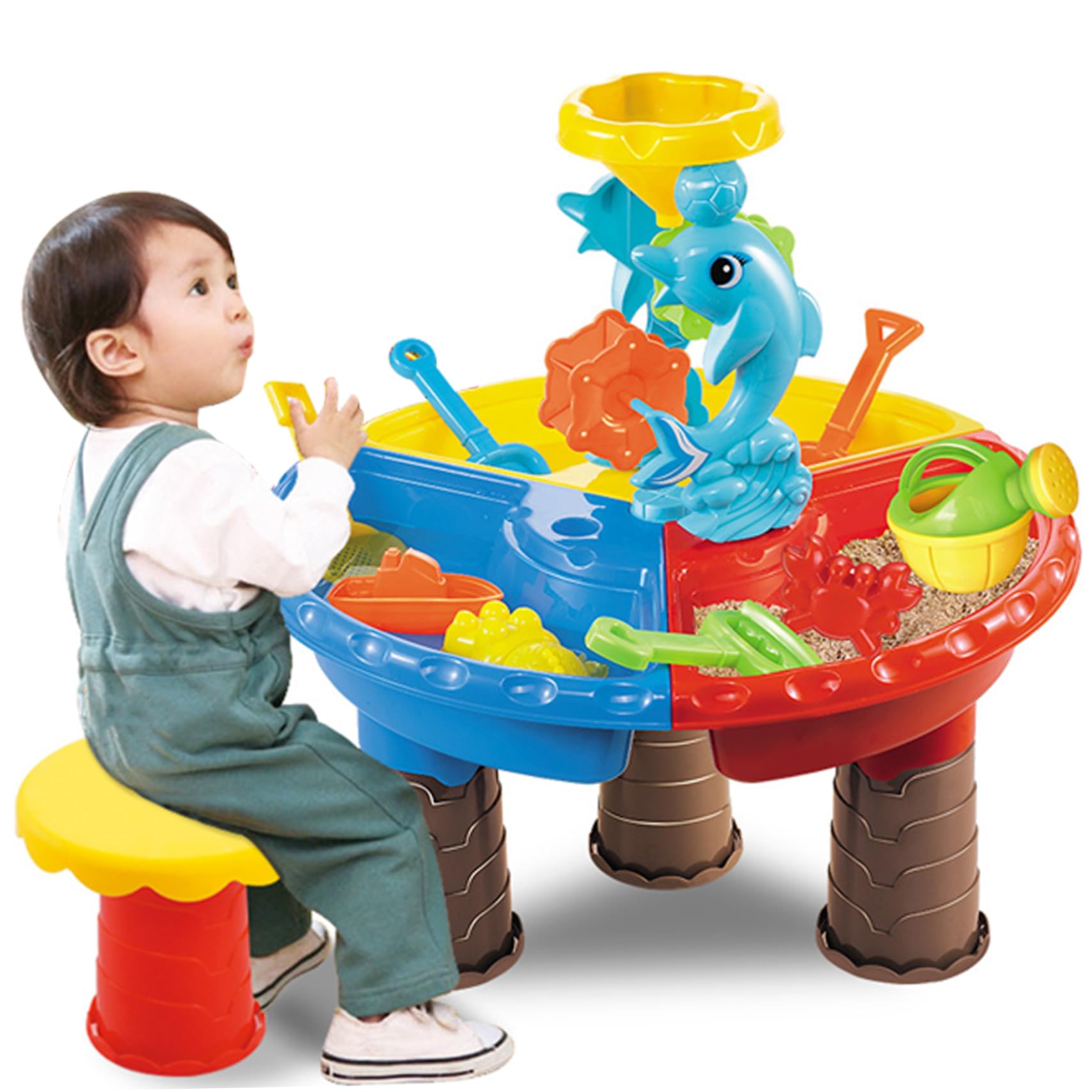 Mesa freática 1 Juego de Mesa de Arena Colorida con Lindo delfín ABS sensorial Interactivo Agua y Arena para el Desarrollo de Padres e Hijos para Playa Interior y Exterior, Redonda