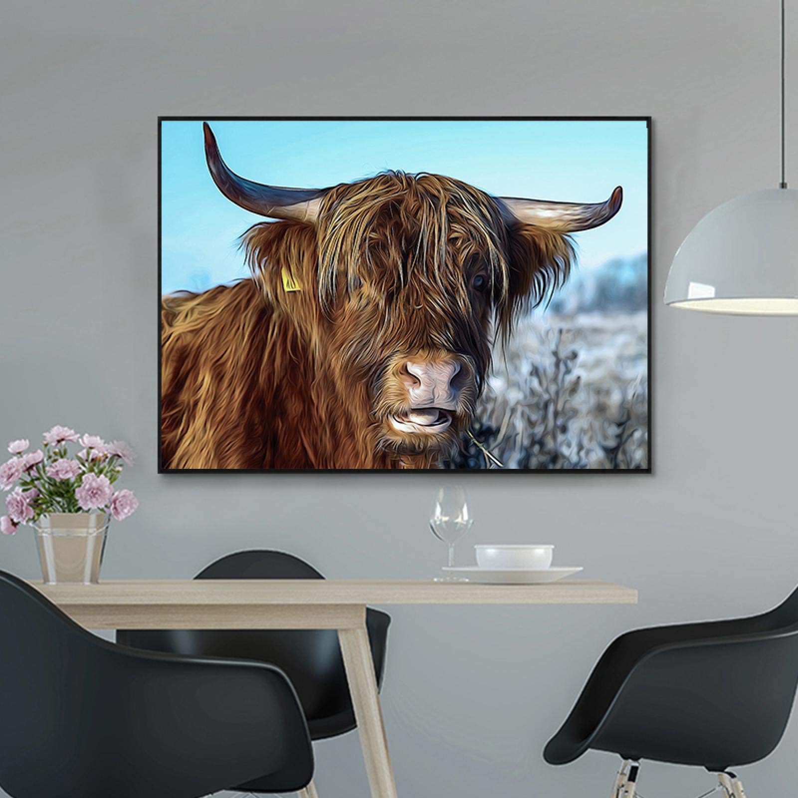 Yooyu Arte de la pared de la vaca Enmarcado Pintura abstracta de la lona Minimalismo Estampados de vacas peludas Cartel de toro imprimible animal para la sala de estar 80x140cm (31x55in) con marco