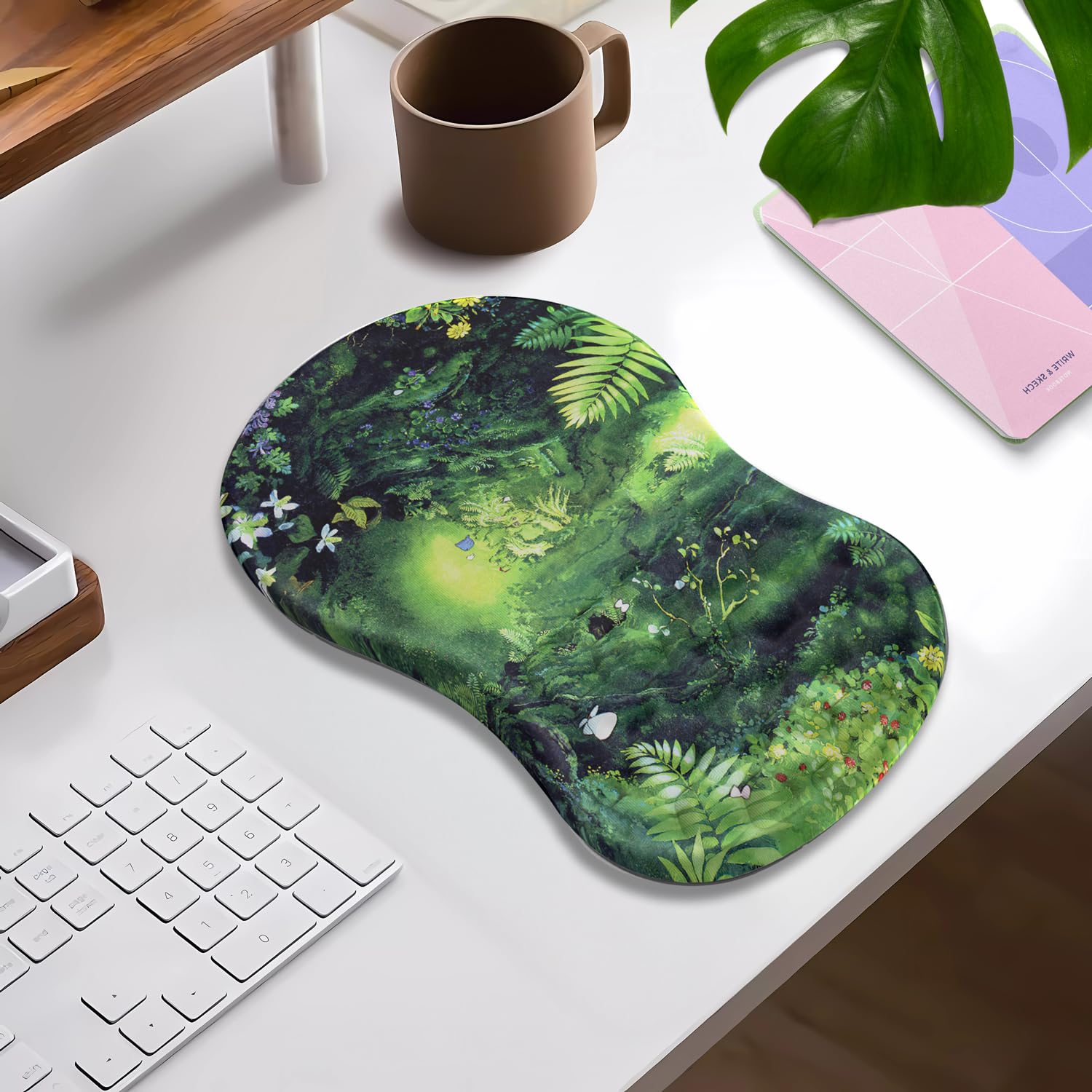 Bonita alfombrilla ergonómica para mouse verde con espuma viscoelástica, diseño de plantas verdes de anime Kawaii, soporte de muñeca, decoración de escritorio, oficina, para niña, reposamuñecas para