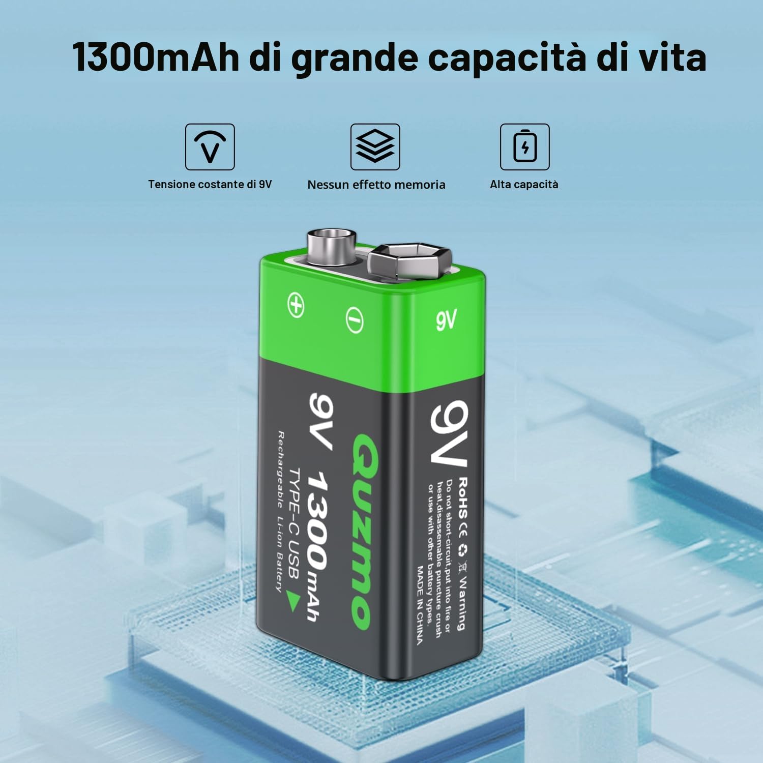 Batterie al litio ricaricabili USB 9 V, 1300 mAh, ricaricabili ad alta capacità da 9 V, con cavo di ricarica rapida USB-C 2 in 1, metal detector, multimetro (confezione da 4)