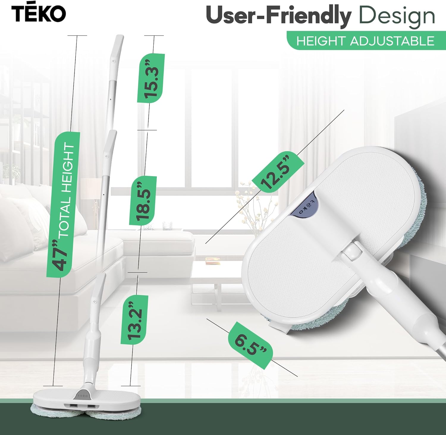 TEKO Hover Scrubber Omni showing adjustable height measurements