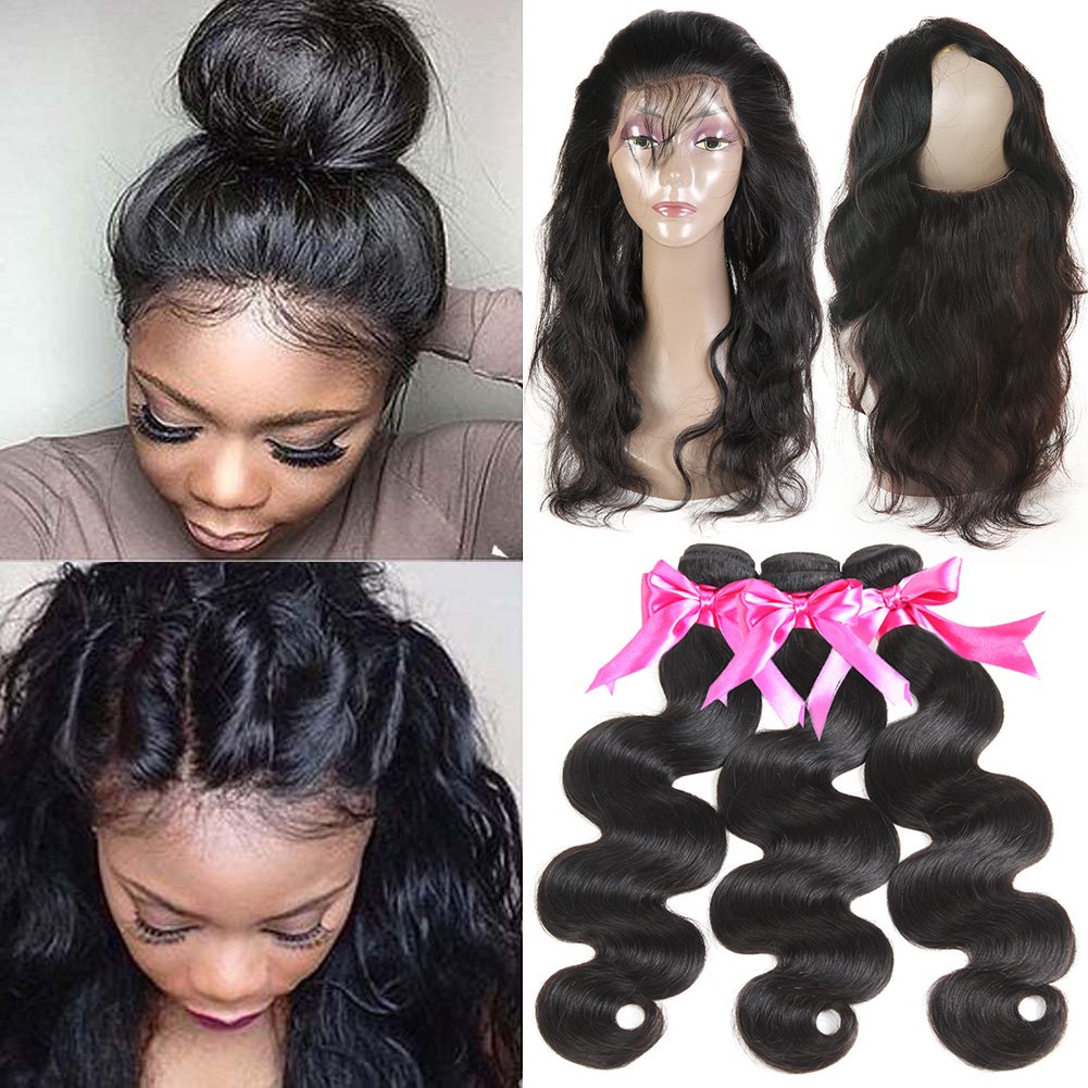 Hermosa 360 Lace Frontal with Bundles 16 18 20+14inch 8A Brazilian Body Wave Virgin Hair with Frontal Closure Pre Plucked 360 Lace Frontal with Baby Hair Natural Black Color