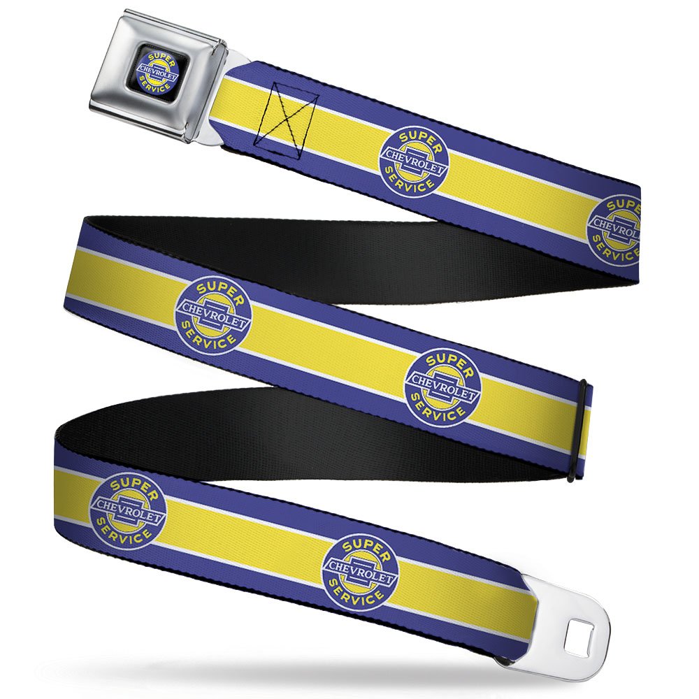 Buckle-Down Seatbelt Belt - CHEVROLET SUPER SERVICE Logo/Stripe Blue/White/Yellow - 1.0