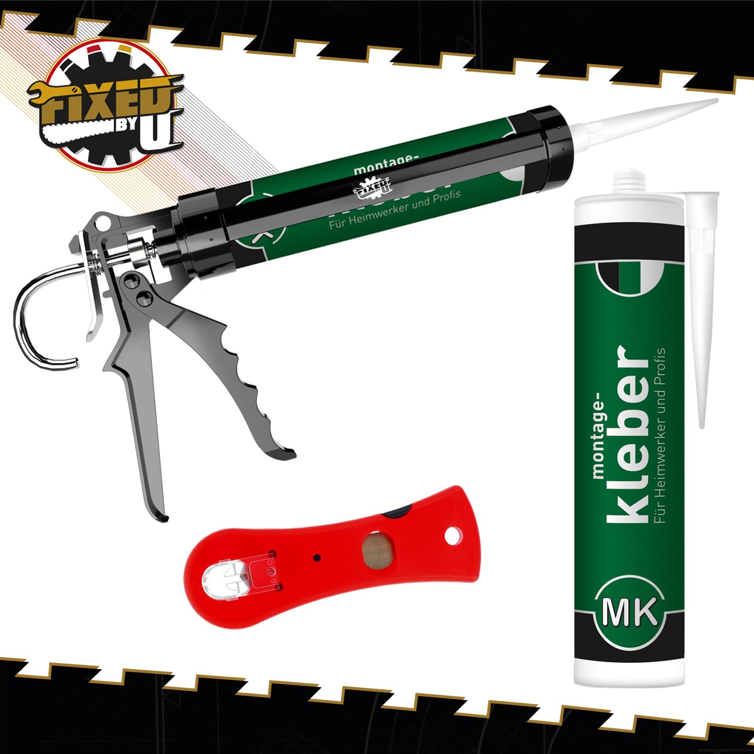 Montagekleber-Set mit 10x 300ml Kartusche, Kartuschenpresse mit 18:1 Übersetzung aus Metall, 2in1 Kartuschenschneider, vielseitig einsetzbar im Innen-Bereich für Metall, Holz, Styropor