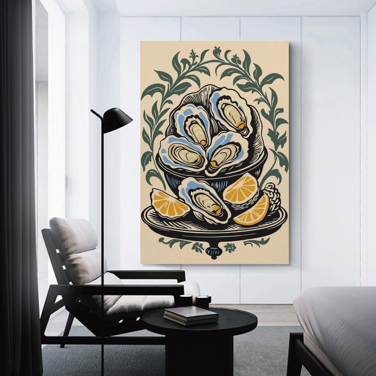Junmoney Hanging Wall Art Oysters And Lemons Still Life Illustration, 24x36inch(60x90cm), for Wall Displays, Bedrooms Or Room Updates, Wall Decor Suited to Curated Displays